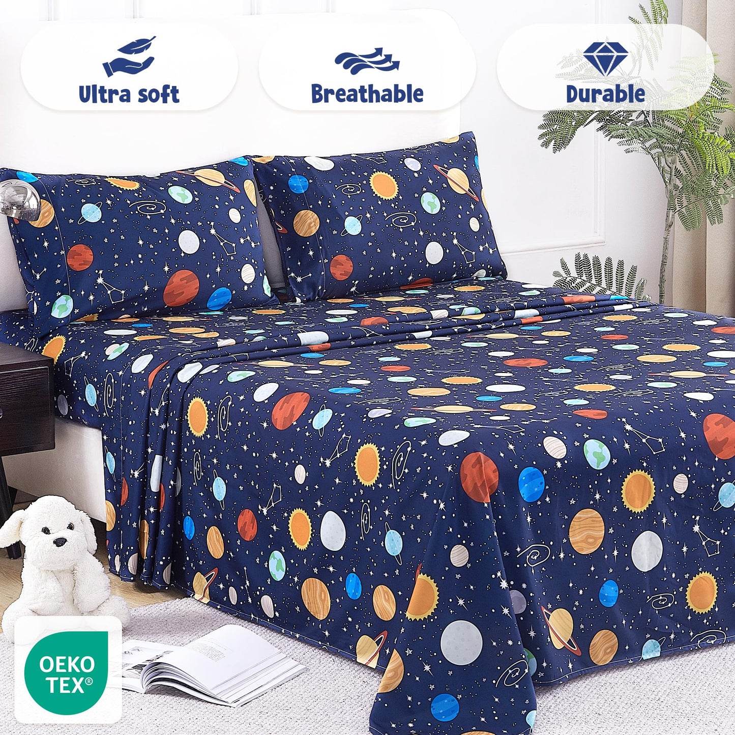 CozySmile Twin Sheet Set Kids,3 Pieces Breathable Soft Microfiber Bedsheets for Child Boys, Oeko-TEX, Anti Pilling Deep Pockets Easy Care Bed Sheets, Planet