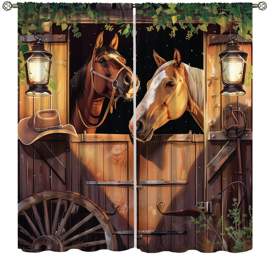 wlsgdsg Country Horse Decor Curtains for Kitchen,Vintage Farm Old Oil Painting Art Western Stables Plants Wheels Abstract Horses Animals Window Drapes for Boys Girls Bedroom Living Room 42x45in