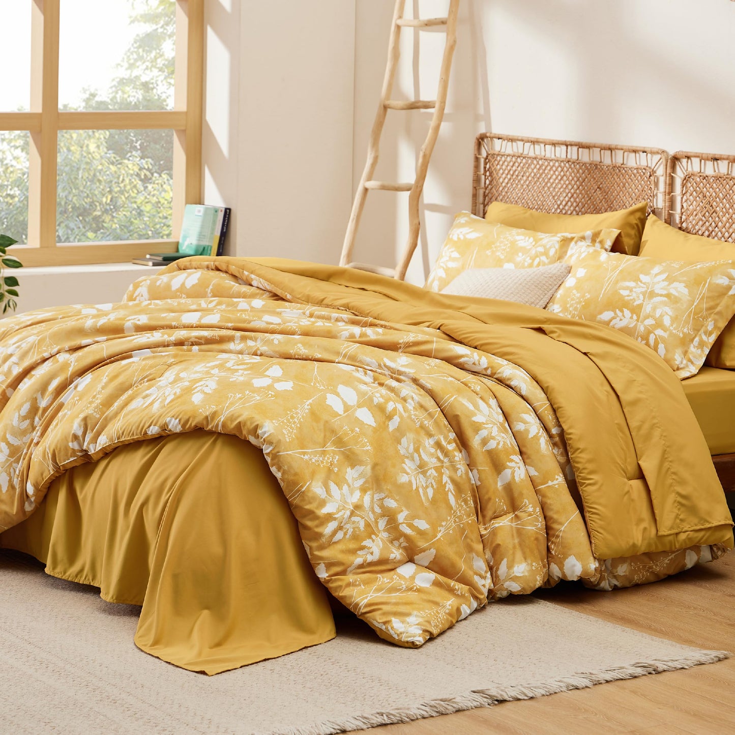 Bedsure Queen Comforter Set - 7 Pieces Floral Yellow Soft Bedding Sets, Queen Bed in a Bag with Botanical Flowers Comforter, Sheets, Pillowcases & Shams