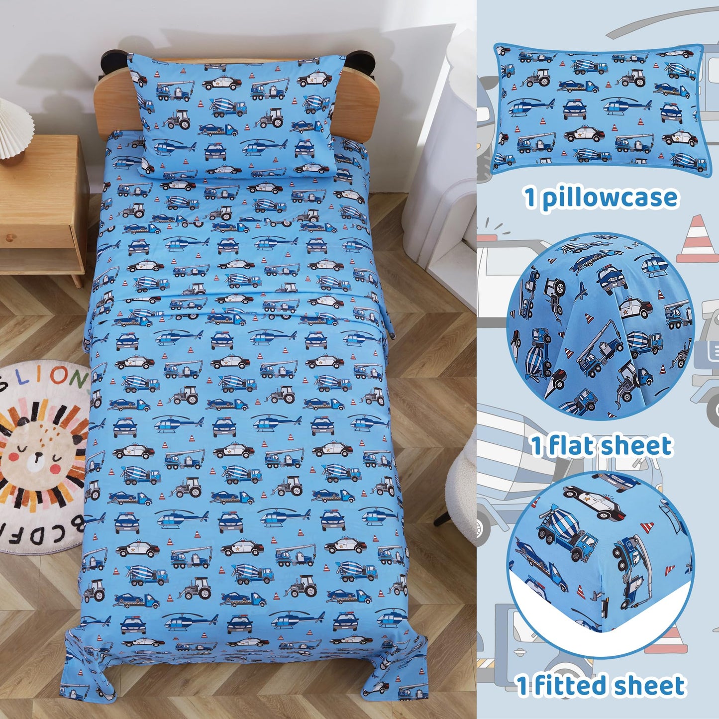 Viviland 3 Pieces Boys Police Car Twin Sheet Set - Soft Microfiber Fitted Flat Sheets & Pillowcase Bed Sheet Set - Blue Airplane Print Bedding Sets for Kids
