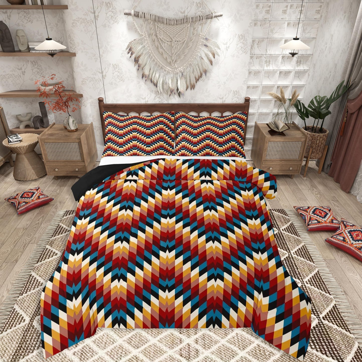 jejeloiu Southwestern Native Aztec Comforter Set All Season Bohemian Bedding Set with 2 Pillow Cases Brown Blue Microfiber Kids Queen Bedclothes Tribal Geometric Bedroom Decor Duvet Quilt Breathable