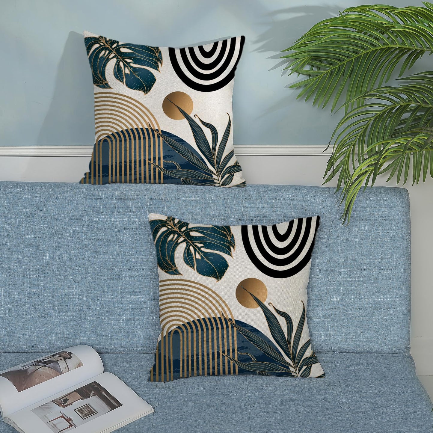 Boho Pillow Covers 18x18 Set of Mid Century Navy Blue Black Gold Tropical Leaf Throw Pillow Covers Outdoor Decor,Abstract Modern Bohemian Farmhouse Square Decorative Cushion Cover for Home Sofa