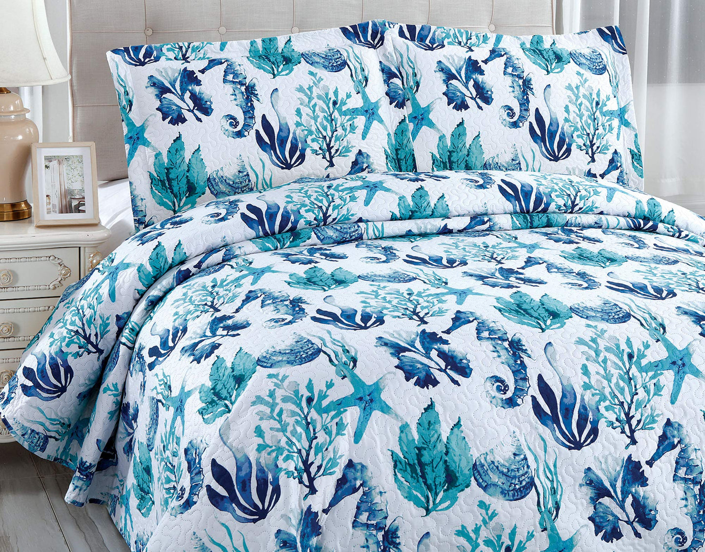Bedspread Set King Size Quilts Beach Bedding Coastal Ocean Reversible Quilts Summer Bedspread Coverlet Soft Lightweitht Quilt Bedding Tropical Bed Set Home Collection Quilt with Shams Aqua
