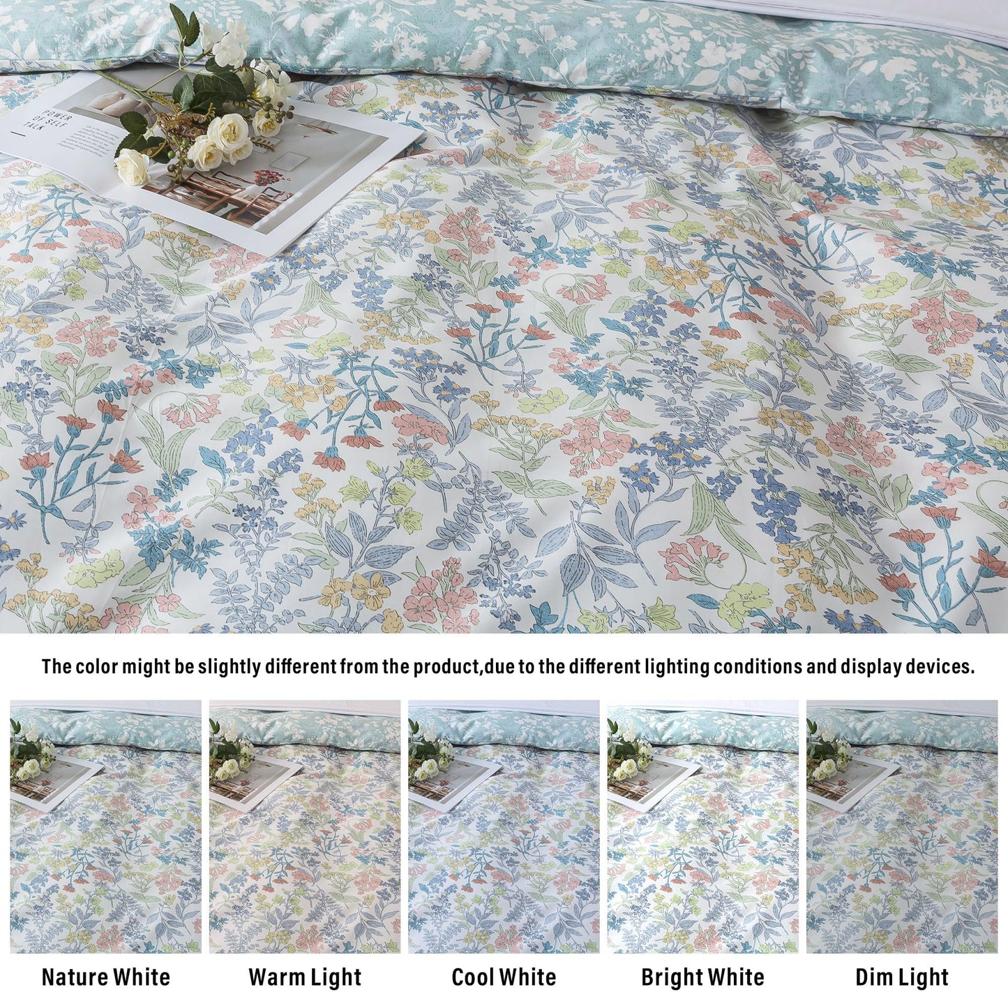 HoneiLife Cotton King Duvet Cover - Floral Comforter Cover 3-Piece, Botanical Bedlinen Set with Zipper Closure & Corner Ties, Wildflower Comforter Cover Sets All Season Use