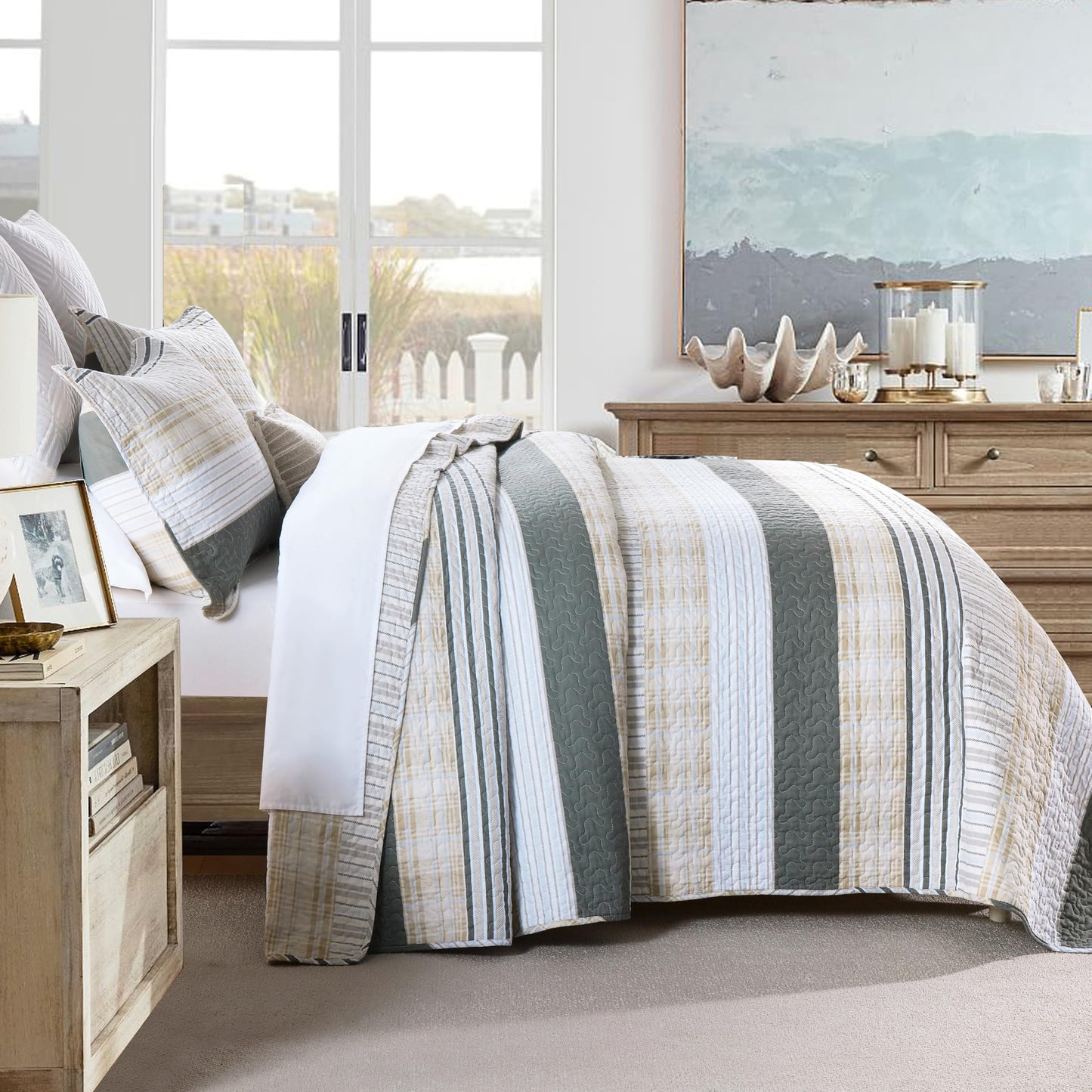 Homzard Quilts Queen Size - Cotton Queen Size Comforter Sets,Beige Grey Cotton Bedding,Striped Plaid Comforter Bedspread (90 * 98 Inches),3 Piece