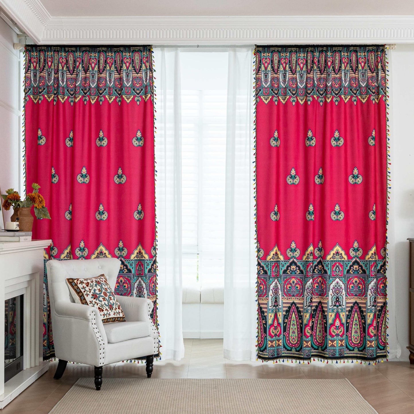 Erbnaryx Red Paisley Curtains 72 Inches Long, Boho Farmhouse Light Filtering Rod Pocket Drapes with Tassel Trim for Bedroom Living Room, 2 Panels