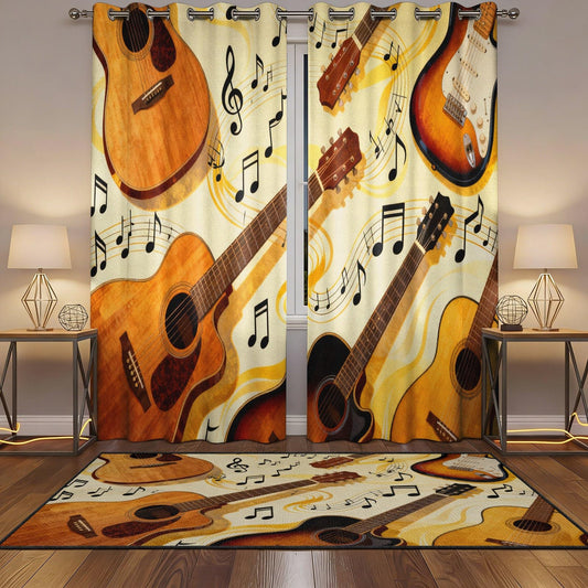 MBVZGUK Vintage Guitar Music Note Curtains 96 Inch Long 2 Panels, Classical Acoustic Electric Guitar Pattern Window Drapes, Thermal Insulated Blackout Curtains for Music Studio