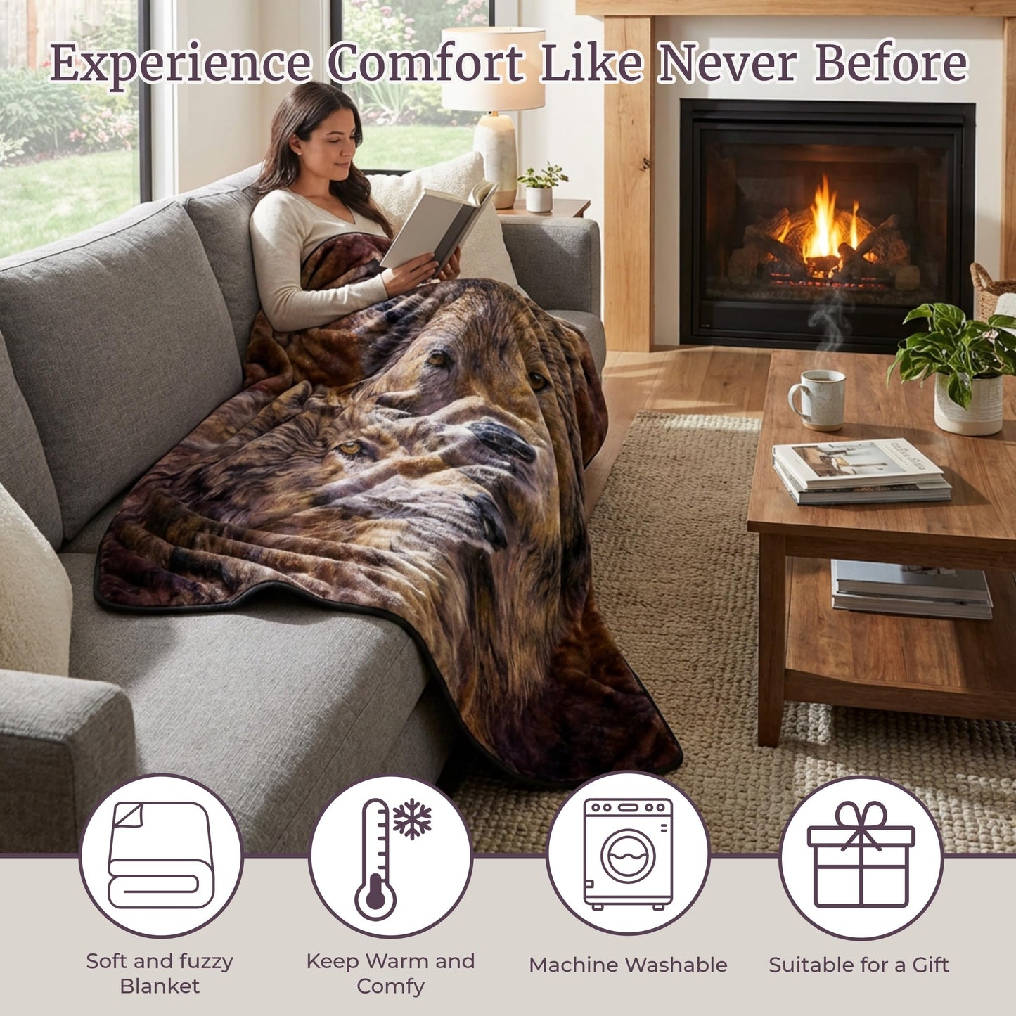 Home Bedford Wolf Blanket – 80x92-inch Printed Pair of Wolves Blanket - Plush Thick 8lb Faux Mink Queen Throw for Couch, Sofa, or Bed