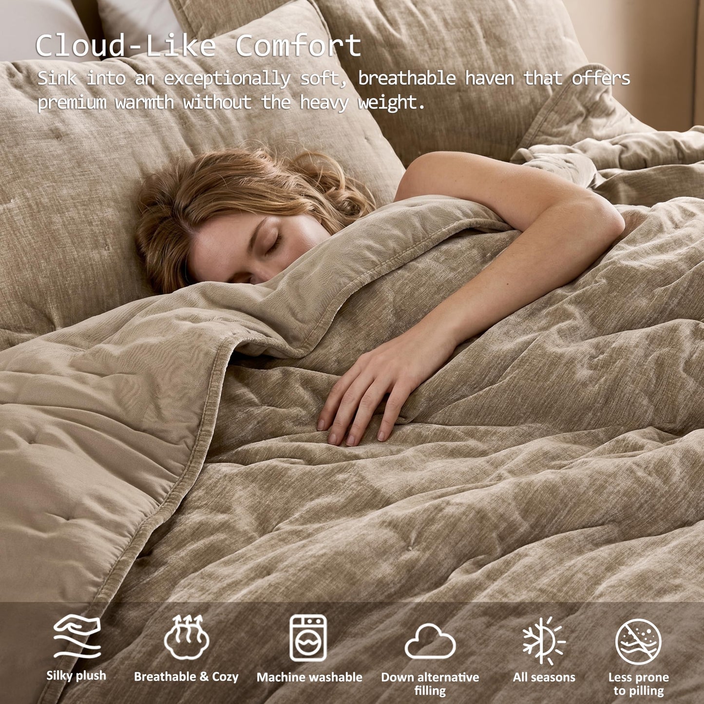 WDCOZY Chenille Velvet Queen Size Quilt Set - Beige Cloud Soft Lightweight Bedspread, Neutral Tan Farmhouse Country Rustic Coverlet, Taupe Camel Modern Bedding Warm Thin Comforter, 3 Pieces