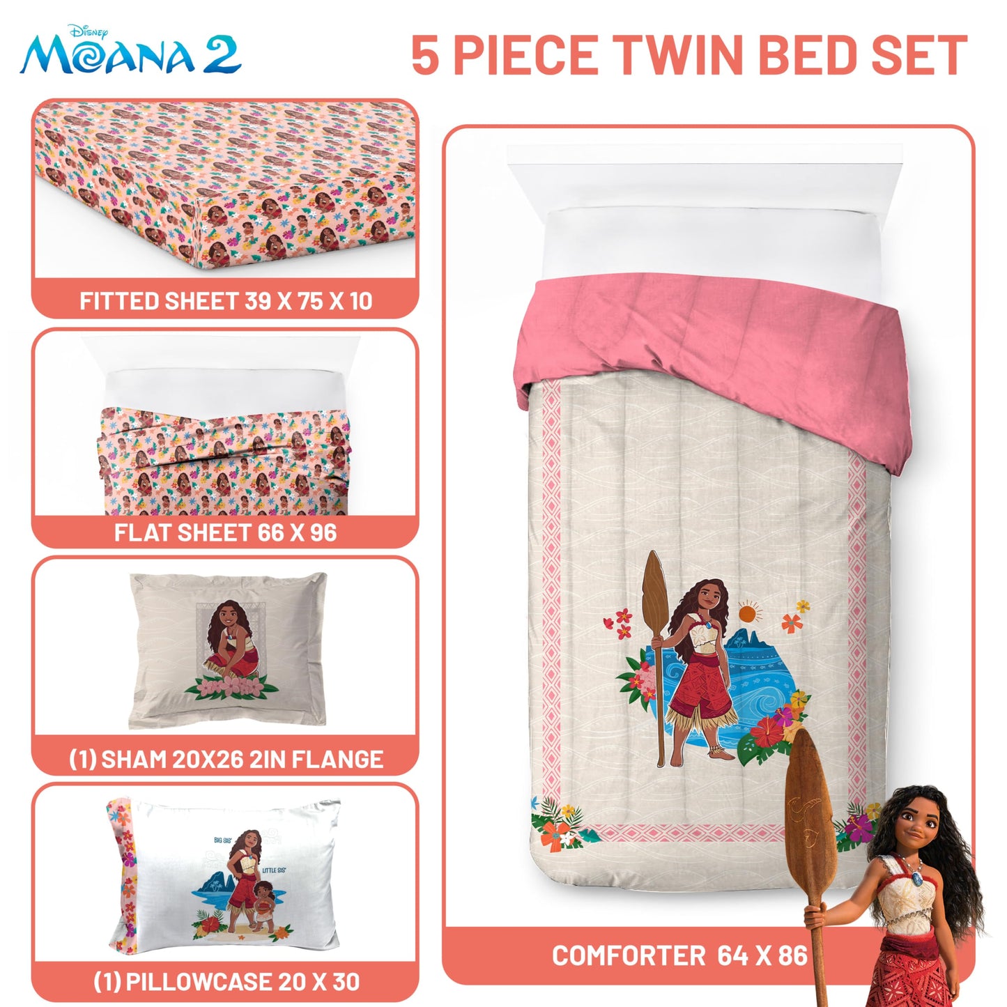 Jay Franco Disney Moana Twin Comforter Set - 5 Piece Bedding Includes Sheet Set & Pillow Covers - Super Soft Floral Cozy Bedding