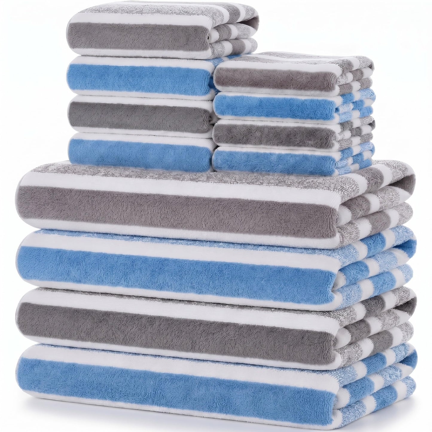 Newwiee 12 Pcs Stripe Bath Towel Microfiber Bathroom Sheet Set Included 4 Highly Absorbent Soft Quick Dry Shower Bath Towels 4 Hand Towel 4 Washcloths for Hotel Gym Spa (Gray,Blue)