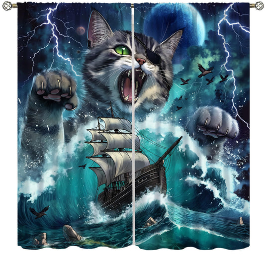 Pirate Cat Curtains for Kids Funny Pirate Ship Sea Ocean Waves Nautical Sailboat Moon Cool Animal Beach Seagull Cute Pattern Window Treatments For Boys Teen Bedroom Living Room 42x44.5In（No Blackout）