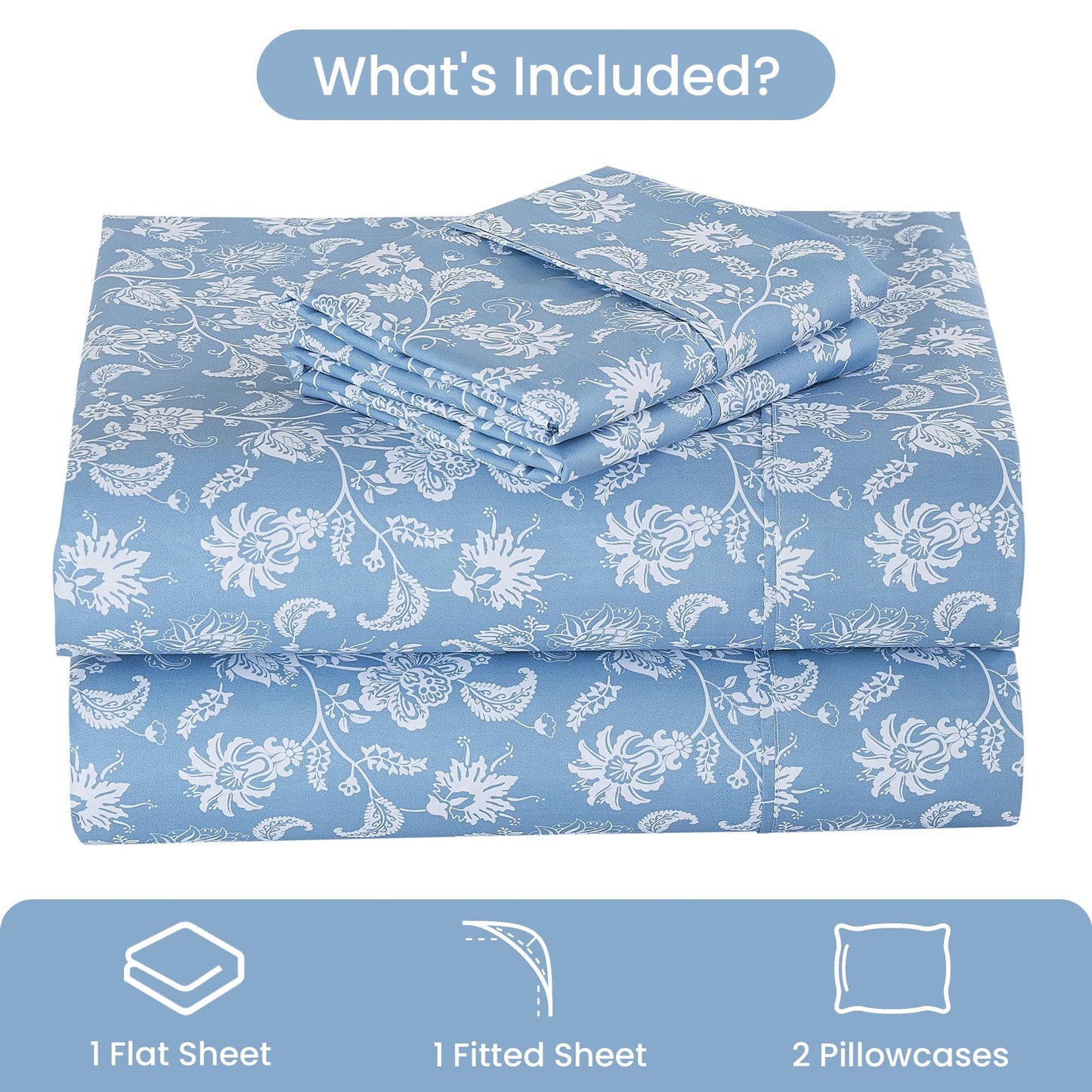 Mooreeke Cozy Vintage Microfiber Printed Queen Sheet Set - Soft & Breathable Percale Blue Paisley Bed Sheets with Extra Deep Pocket - Non-Slip Fitted Design - Blue Flower Pattern - Queen