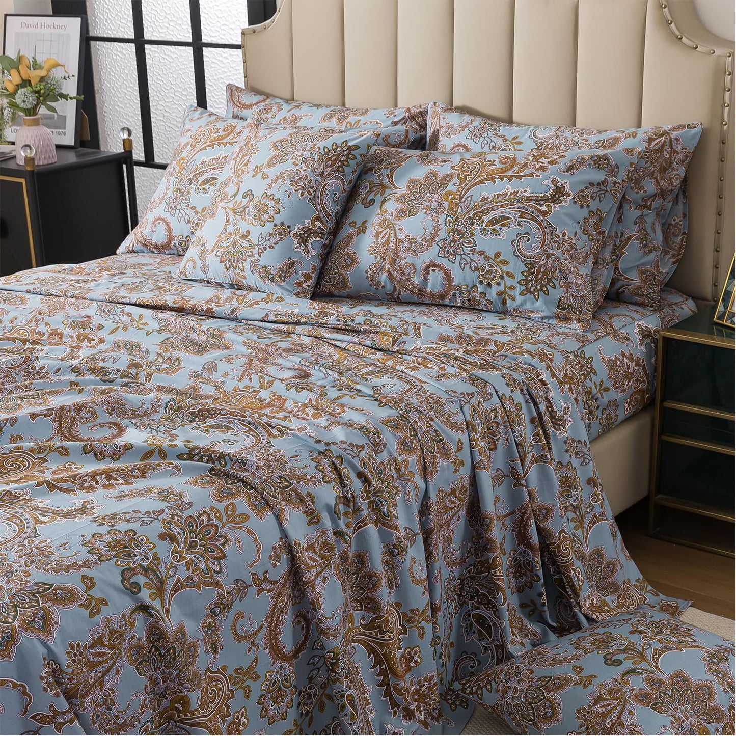 FADFAY Luxury Queen Percale Cotton Sheet Set – Elegant Vintage Blue Paisley Bedding, Ultra Soft & Breathable, Deep Pocket Fitted Sheet, Timeless French Country Heirloom Style, 4 Piece Set