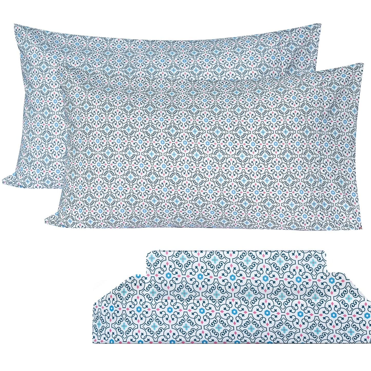 KACEMOO California King Sheet Set 4PC Blue Printed Sheets Floral Bed Sheet Boho Pattern Sheets Cooling Soft Deep Pocket Microfiber Brushed Sheet, Easy Care, Breathable, Wrinkle Free Bed Set
