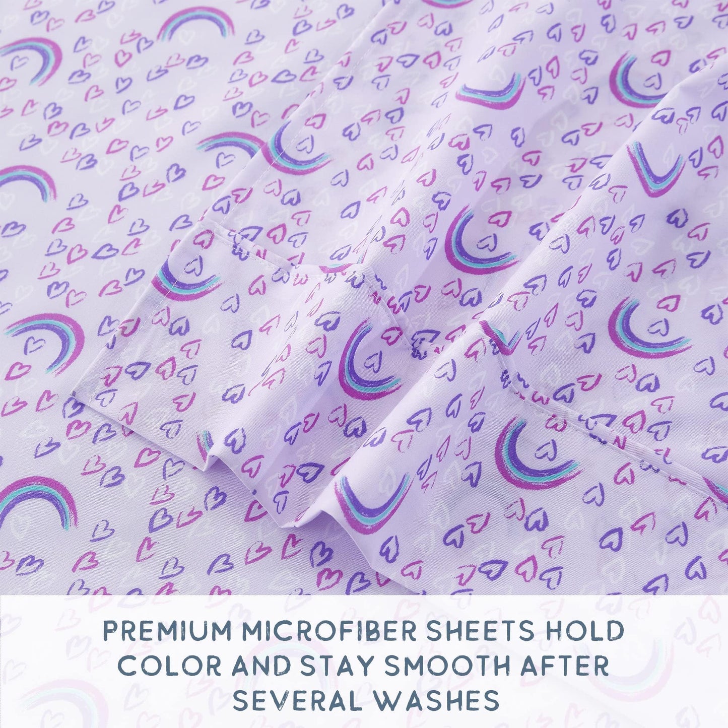 Softan Kids Bed Sheet Set, 3-Piece Twin Sheets Set, Microfiber Fitted Sheet with 15 Inches Deep Pocket and Corner Straps, Breathable & Silky Soft Purple Love Rainbow Pattern Sheet and Pillowcase Sets