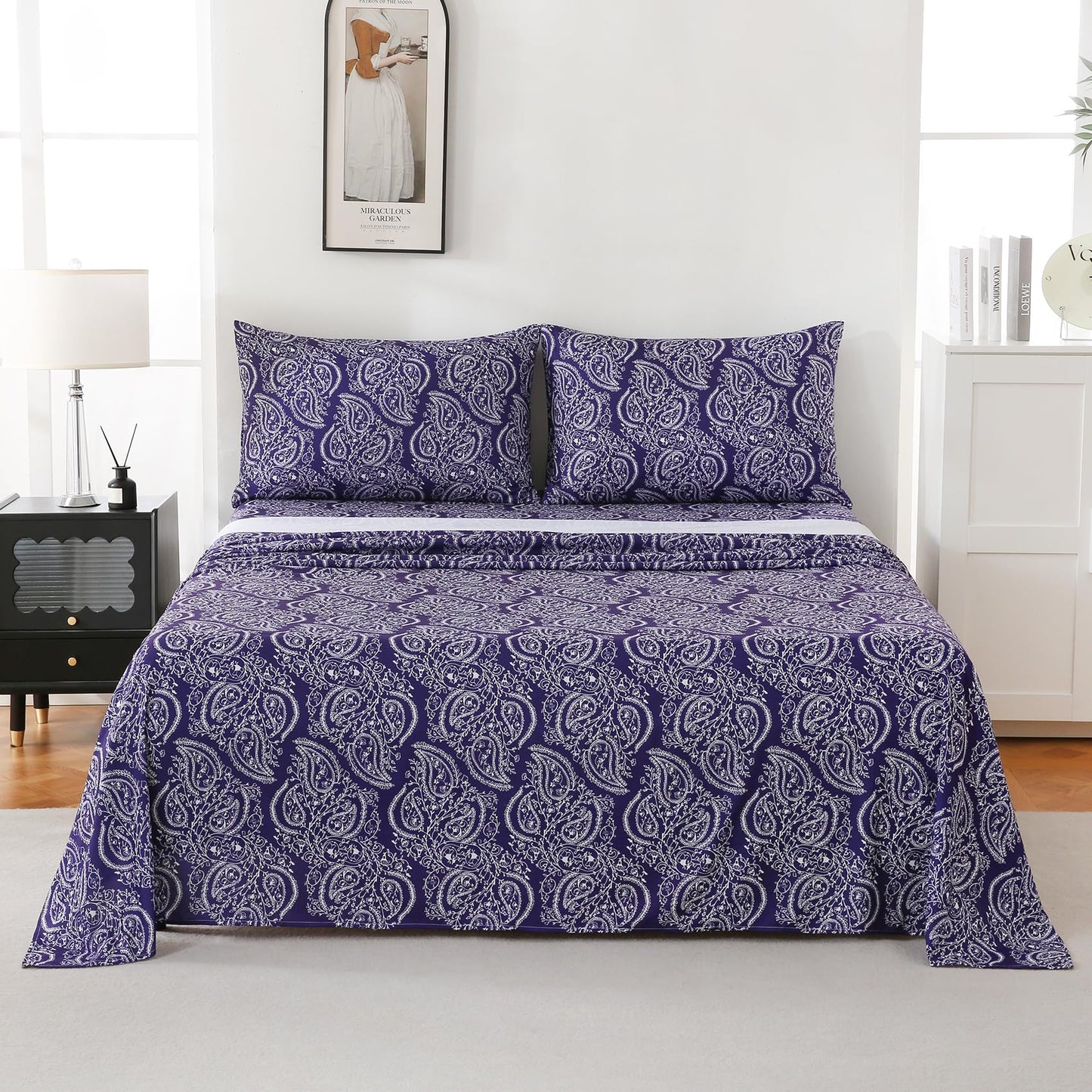 Yibeizi Queen Sheet Set Deep Pocket Queen Size Purple Paisley Bed Sheets Set, Floral Printed Soft Microfiber Oeko-Tex Sheets & Pillowcases Hypoallergenic Wrinkle Free Bedsheets