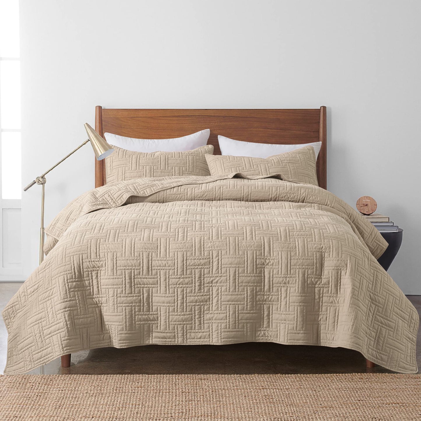 Beige Quilt Queen Size Bedding Sets with Pillow Shams, Cream Tan Lightweight Soft Bedspread Coverlet, Basket Weave Quilted Blanket Thin Comforter Bed Cover for All Season, 3 Pieces, 90x90 inches