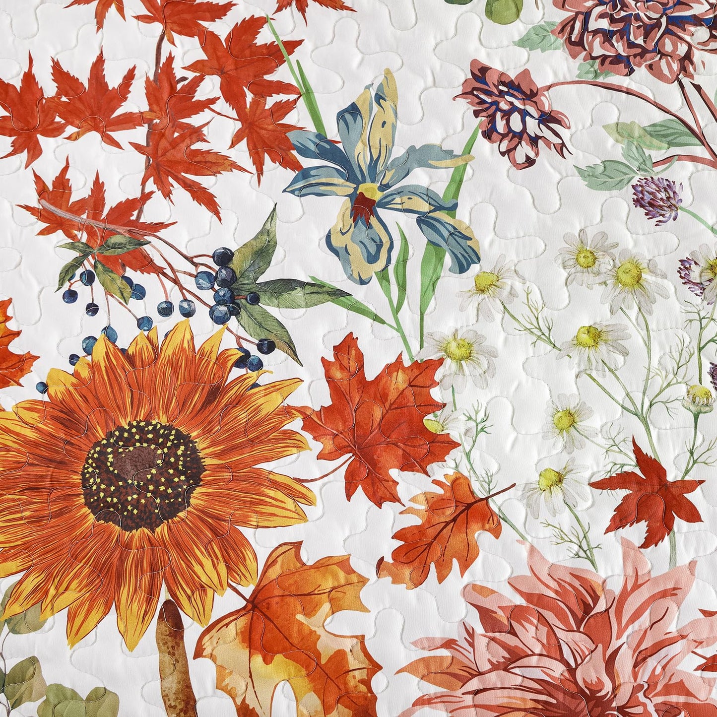 Yiran Fall Floral Quilt Set King Size, Orange Red Sunflower Botanical Bedspread Bedding Set, 3 Pieces Soft Lightweight Microfiber Coverlet with 2 Pillow Shams for All Season 106x90 Inch