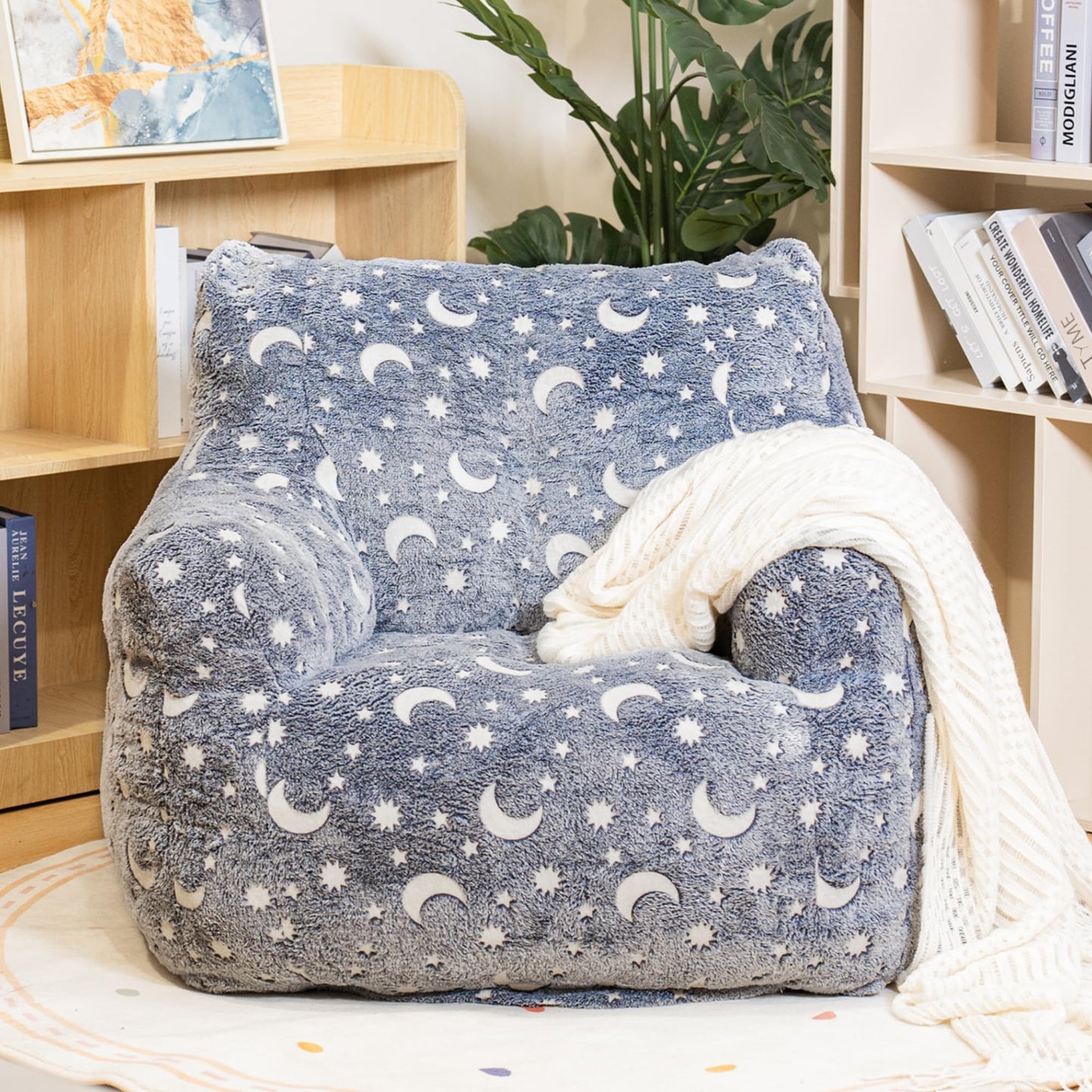 LinkRomat Bean Bag Chairs, Faux Fur BeanBag Chair with Memory Foam for Bedroom, Living Room, Reading, Adults - Grey - Star - Glow in The Dark