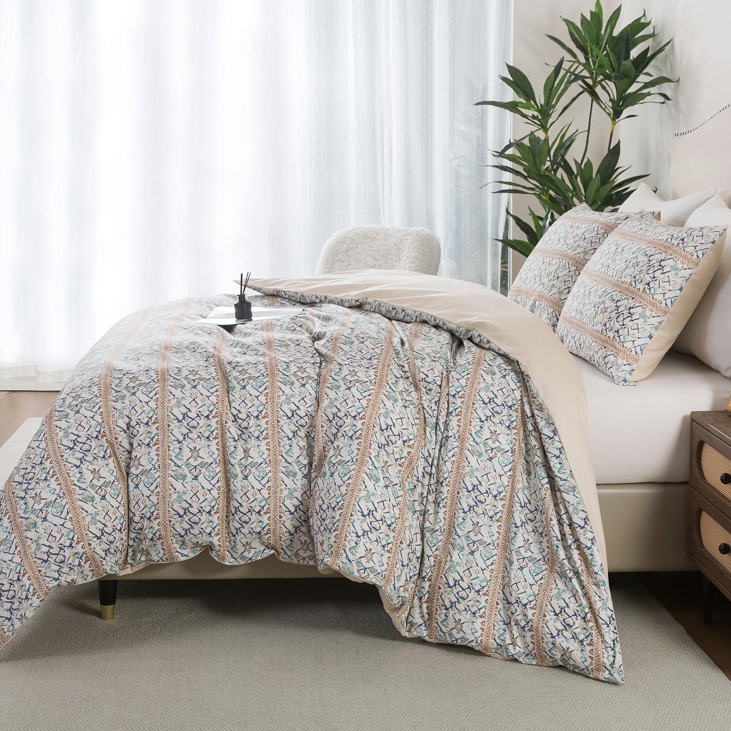 HoneiLife Retro Duvet Cover Queen - 100% Cotton Comforter Cover, All Season Bed Linen Sets for Queen Bed