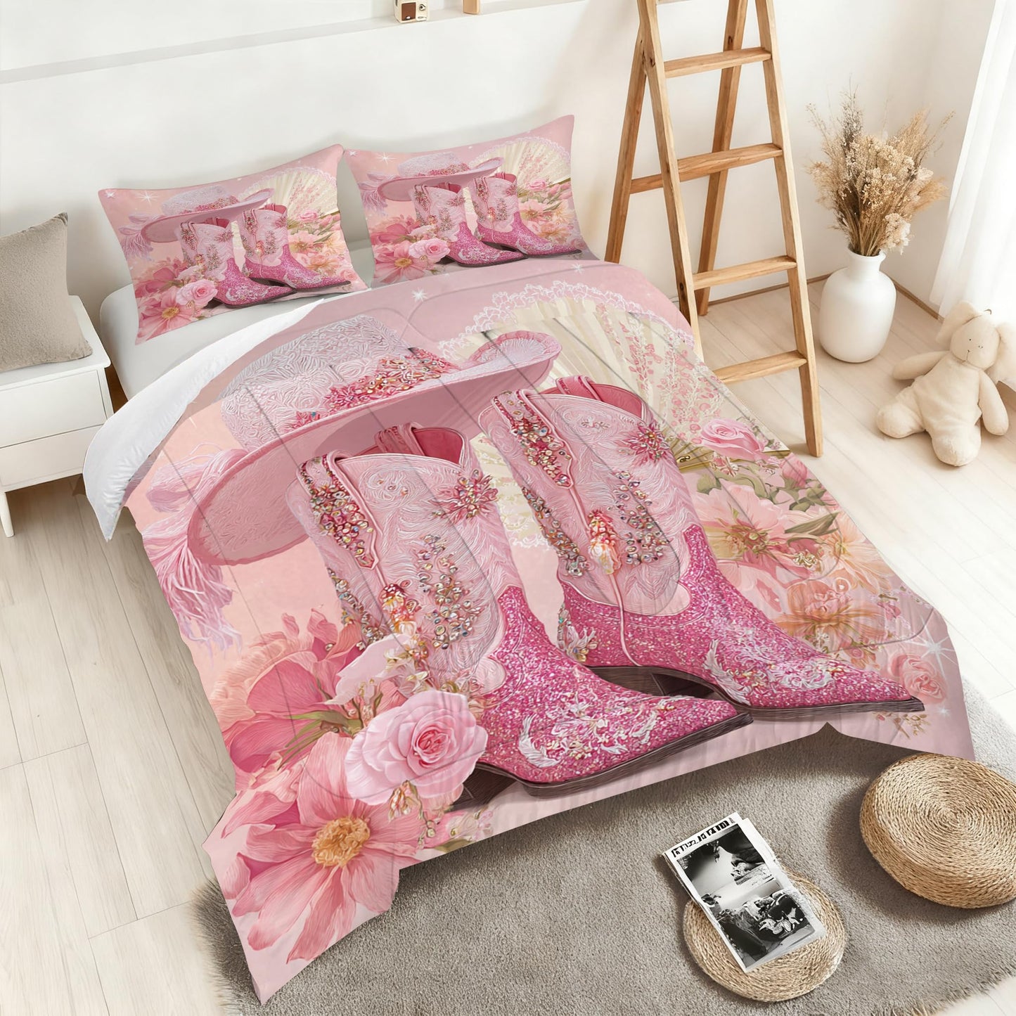 VTKON Pink Cowgirl Bedding Set Twin Size Western Cowgirl Comforter Set Girly Luxury Floral Lace Fan Print Bed Set Light Pink Flower Sweet Western Style Quilt Set with 1 Comforter + 1 Pillowcase