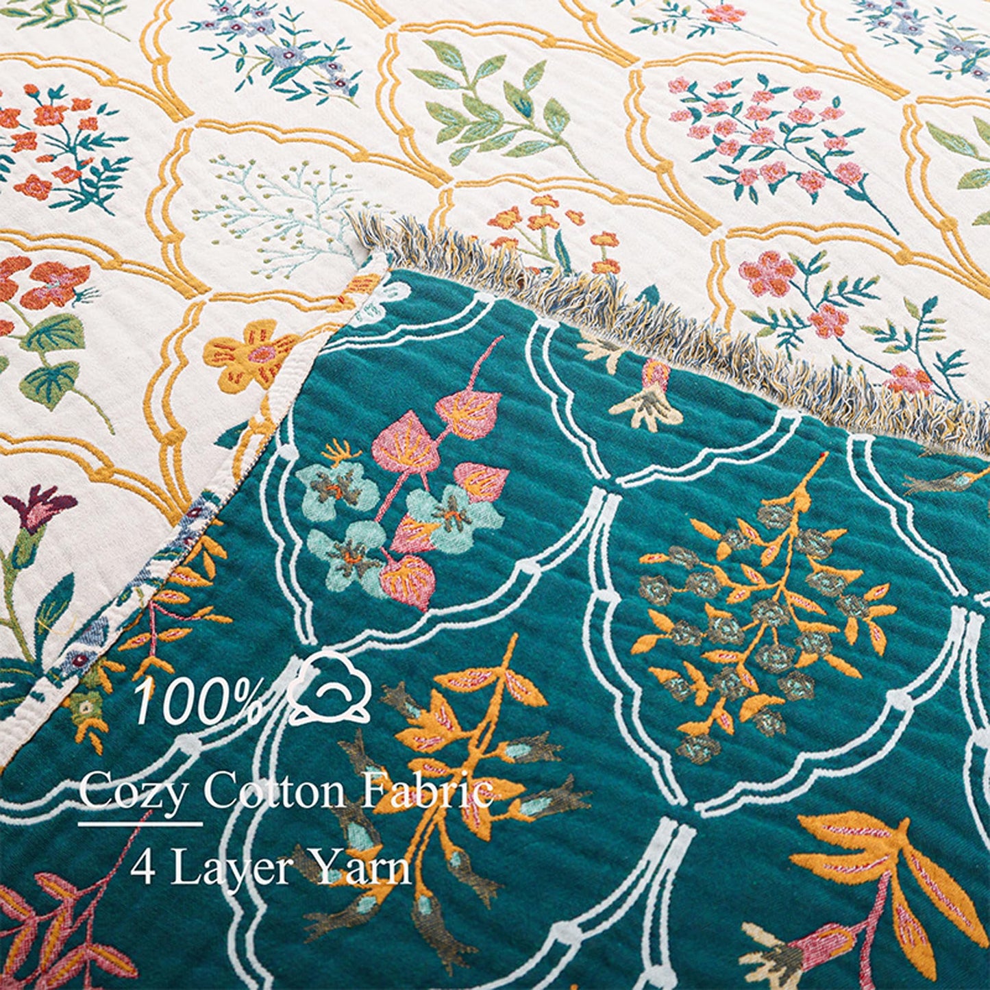 BRYALIX 100% Cotton Muslin Boho Floral and Plants Blanket, Super Soft Decorative Throw for Couch, Bed Chair Quilt Travel Blankets, Reversible Jacquard Coverlet, Lightweight Farmhouse Picnic, 60"x80"