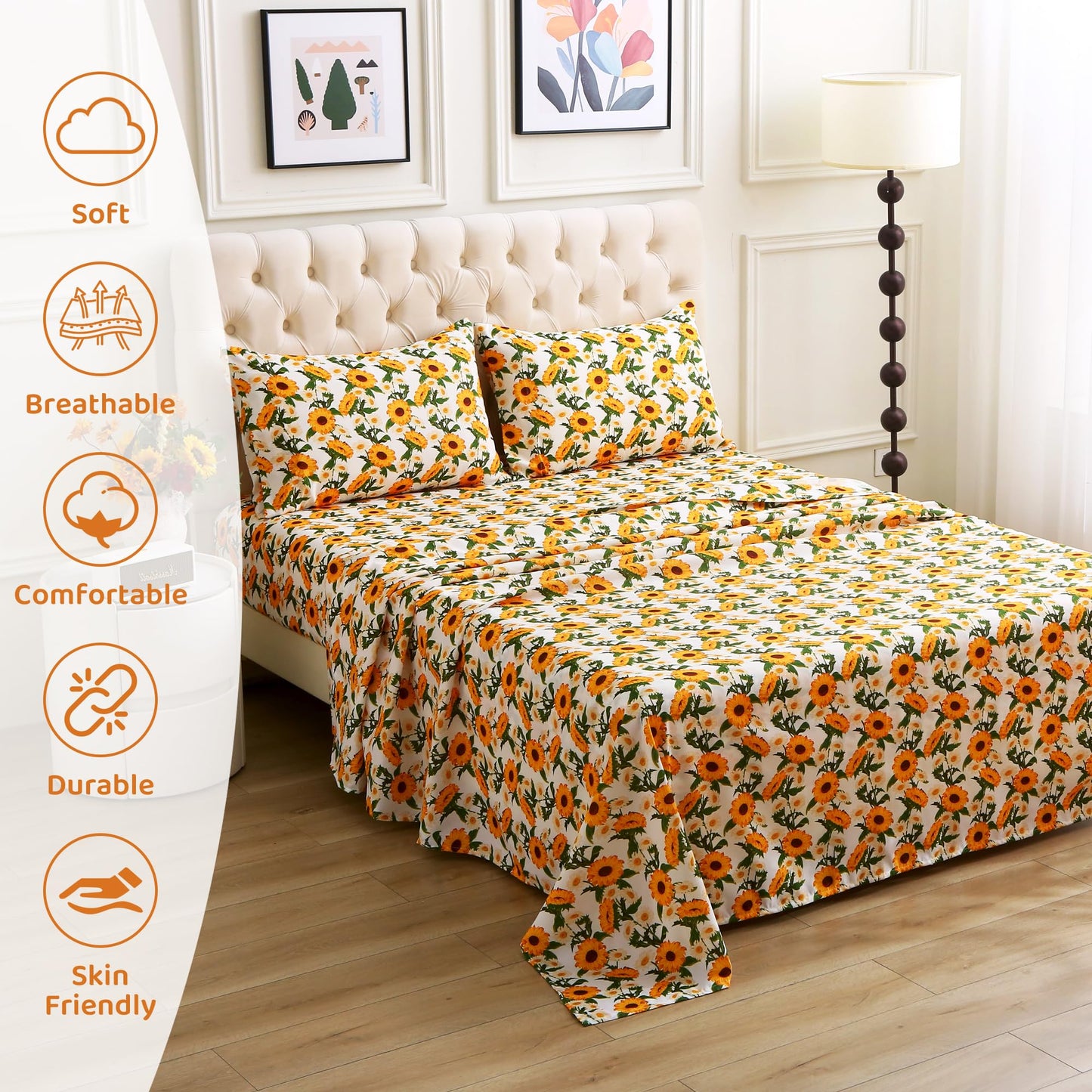 Mooreeke Cozy Vintage Microfiber Printed Floral Queen Sheet Set - Soft & Breathable Yellow Sunflower Bed Sheets with Extra Deep Pocket - Non-Slip Fitted Design - Sunflower Pattern - Queen