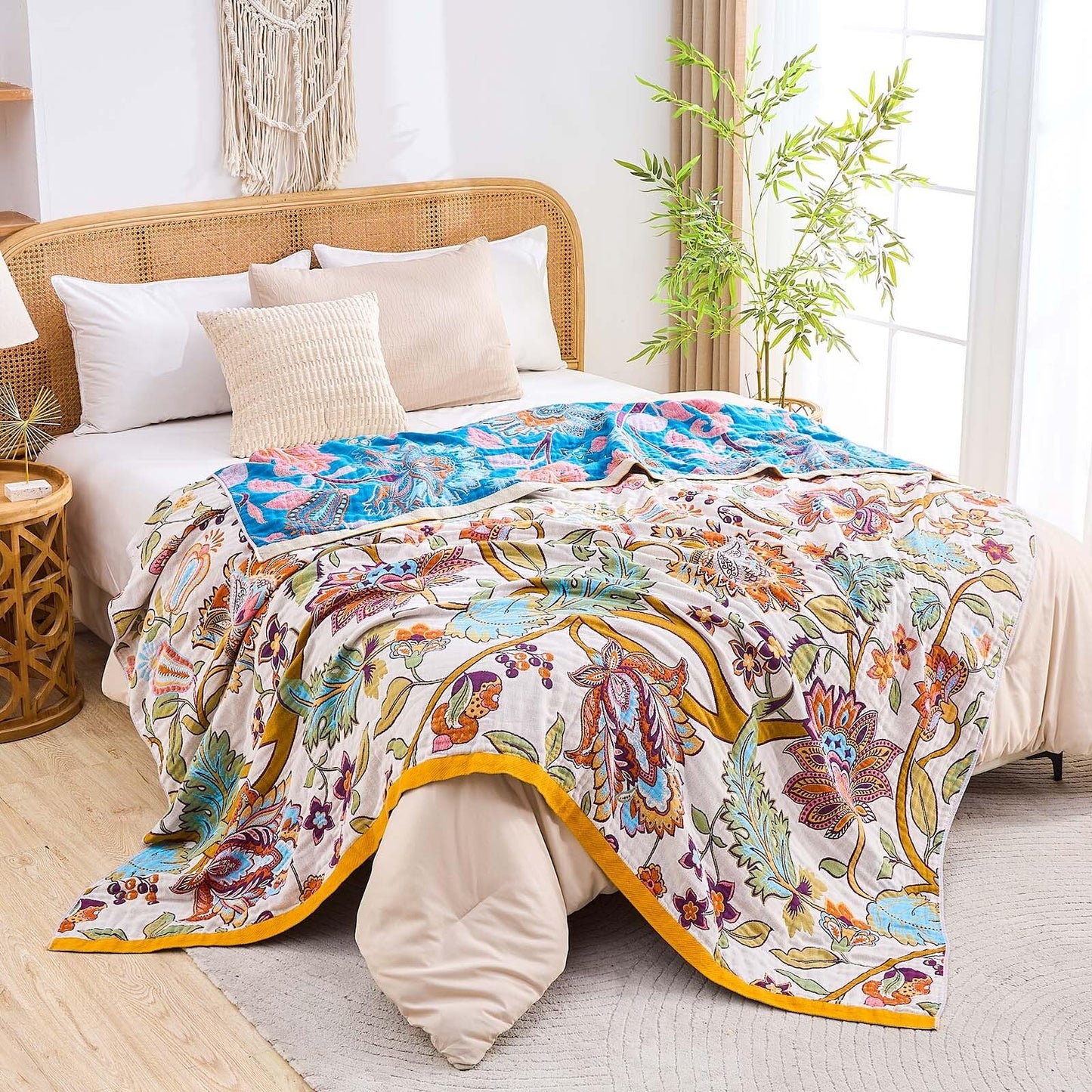 XIBLC Boho Throw Blanket for Bed, 100% Cotton Soft Rustic Quilt Fall Blanket, 60"x80" Floral Printed Farmhouse Decor Bed Blankets, All Season Rustic Reversible Bohemian Throw Quilt