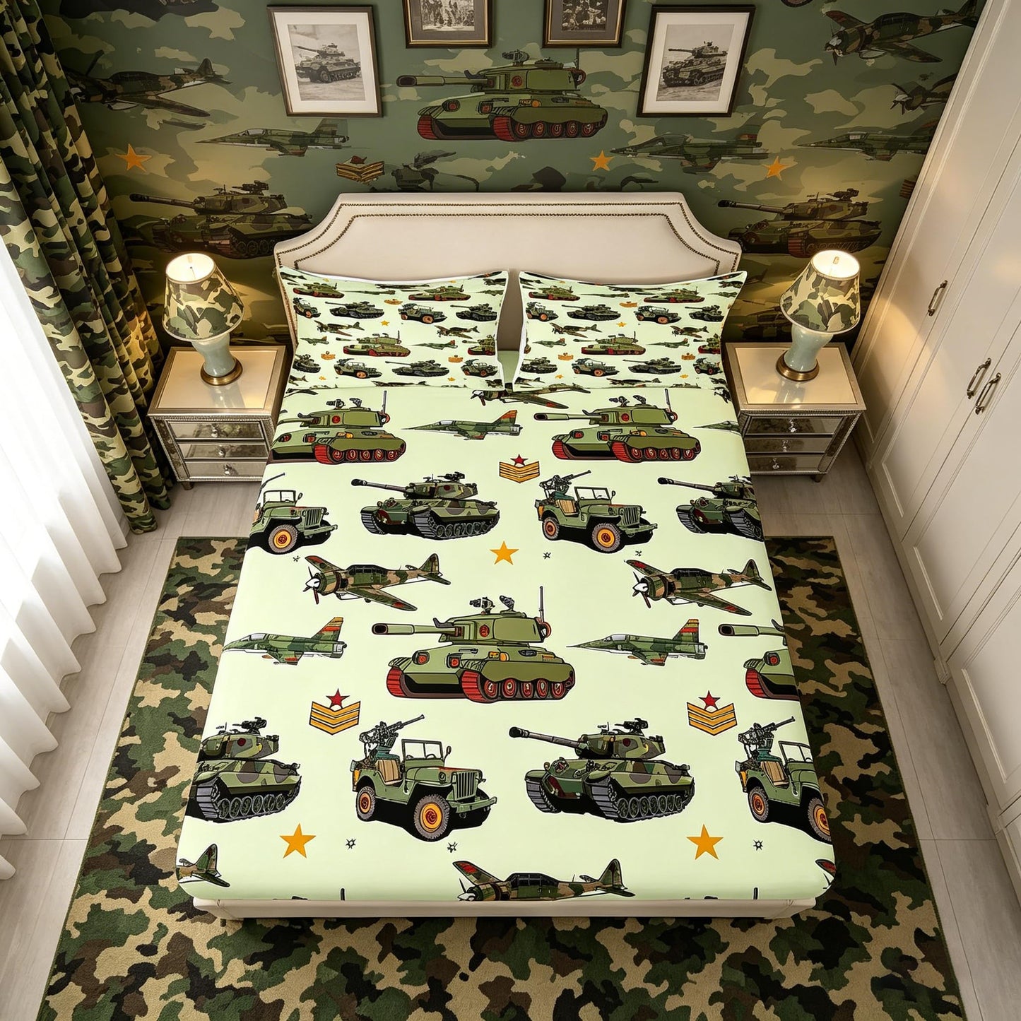 Aircraft Tank Fitted Sheet Full Size, Green Camo Helicopter Airplane Bedding Set 3pcs for Kids Boys Room Decor, Military Army Equipment Bed Cover with 2 Pillowcases, Soft Deep Pocket Sheets, No Flat