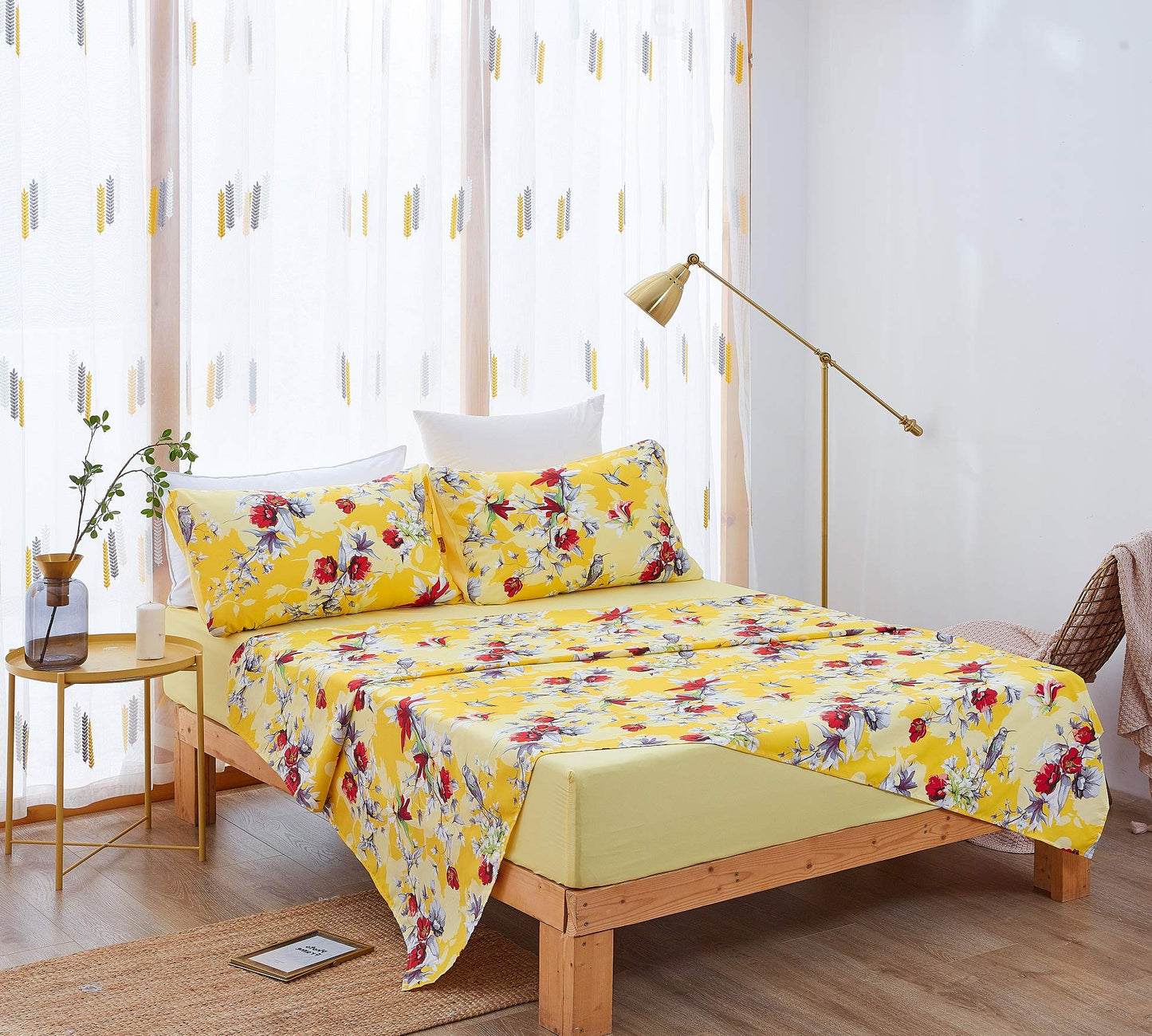 DaDa Bedding Lovely Yellow Floral Fitted and Flat Bed Sheets - Radiant Sunshine Hummingbirds Multi-Colorful Red Flowers - Bright Vibrant w/Pillow Cases Set - Full Size - 4-Pieces