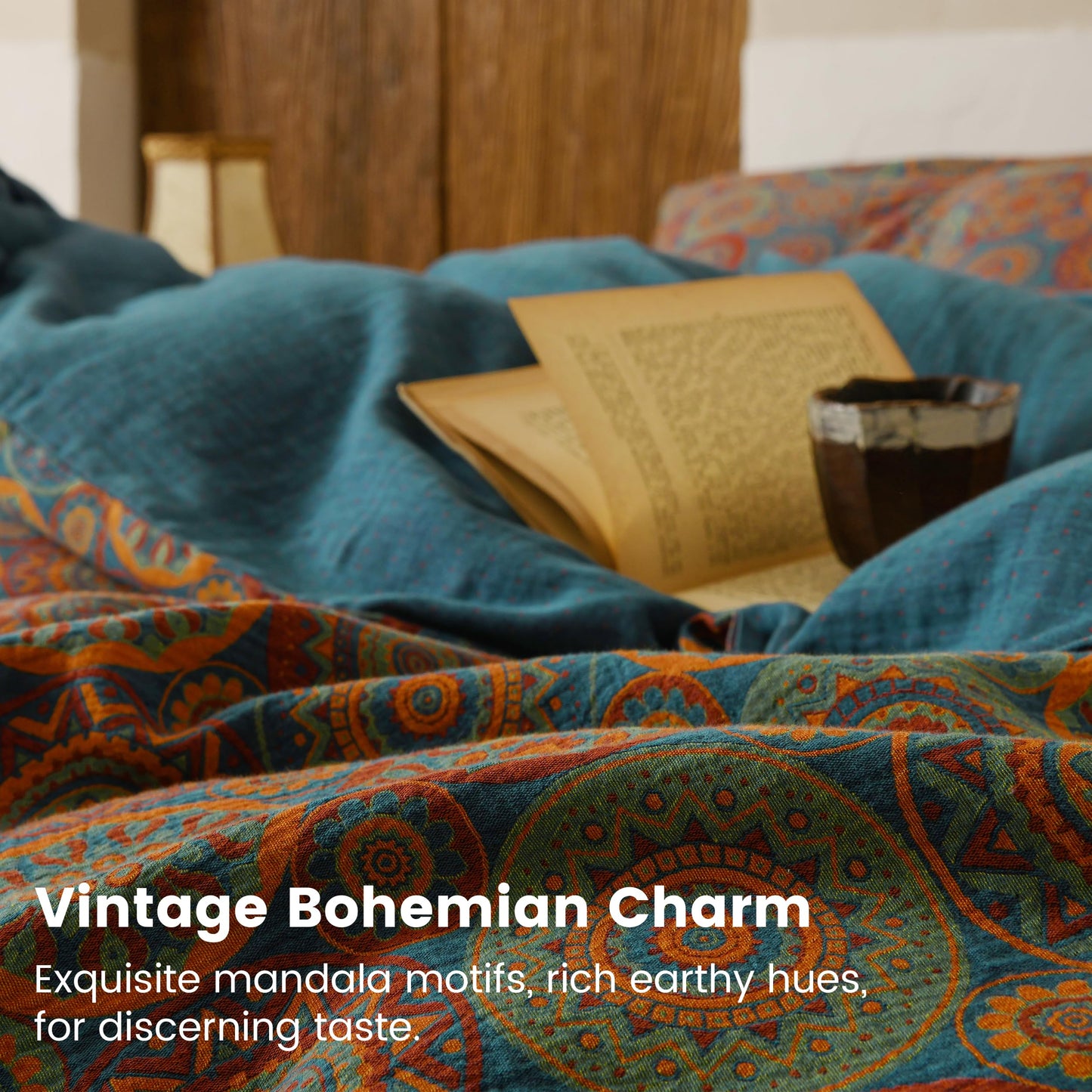BISELINA 100% Cotton Muslin Duvet Cover Set Queen, 3 Pcs Yarn-Dyed Jacquard Textured Vintage Kabyle Pattern, Soft and Breathable Bedding Set with Zipper Closure, Kabyle Blue Orange