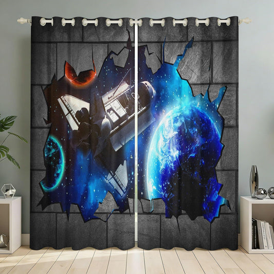 MBVZGUK 3D Space Grommet Curtains 54 Inch Long 2 Panels, Galaxy Space Shuttle Earth Planet Broken Wall Window Drapes, Thermal Insulated Room Darkening Curtains for Kids Nursery Playroom