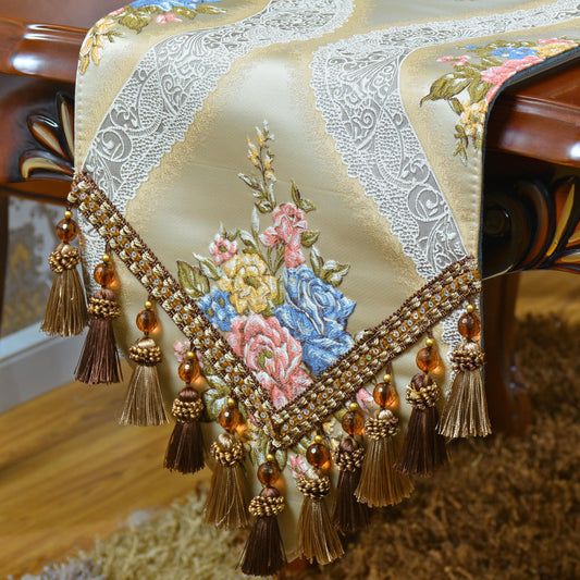 NYSMXF Extra Luxury Velvet Blue Table Runner 120 Inches Long with Vintage Damask Jacquard Design for Dining Room,Living Room,Home Decor,Elegant Beaded Tapestry (X-Beige, 13×72 inch)
