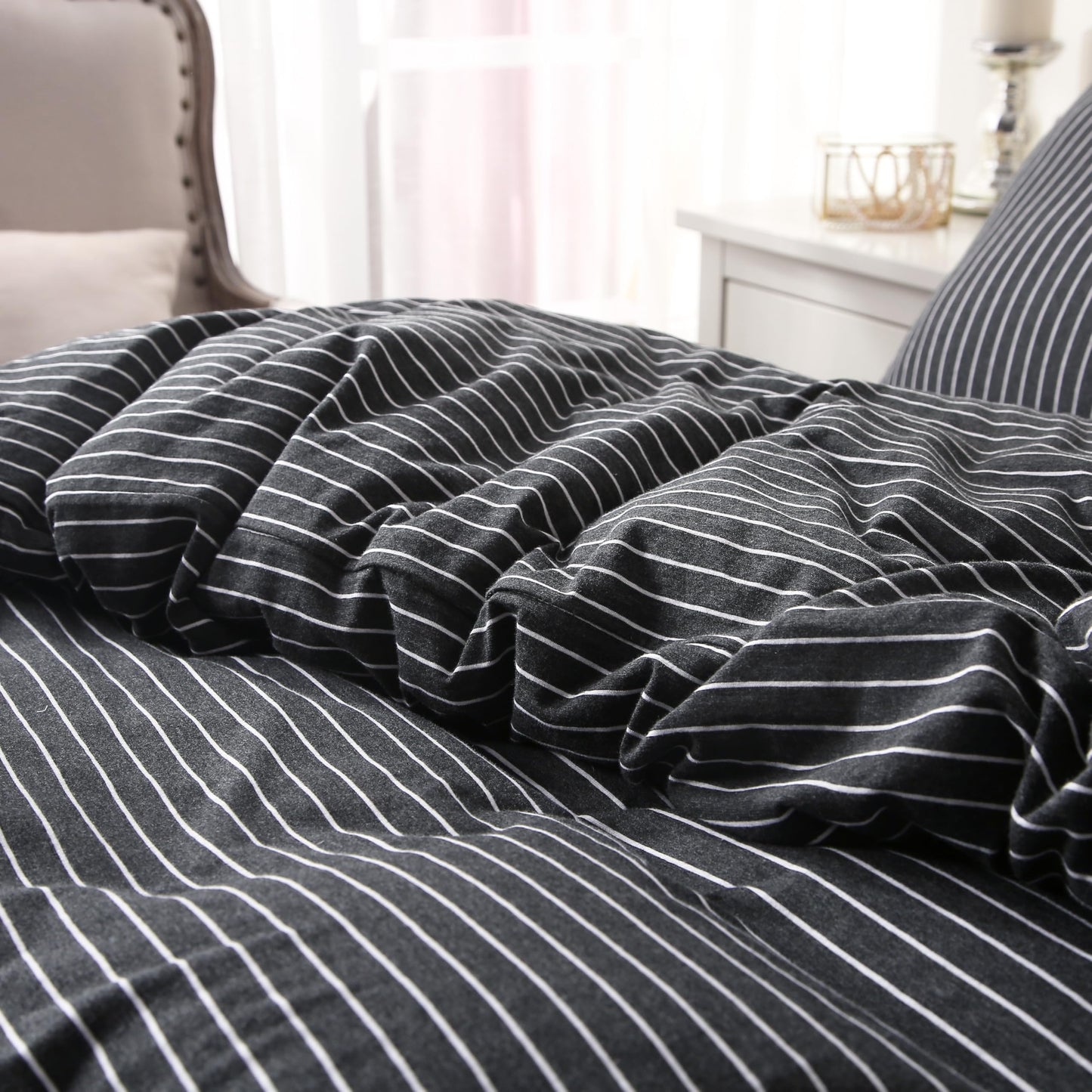 PURE ERA Jersey Knit Duvet Cover Set 100% T-Shirt Heather Cotton Super Soft Comfy Classic Striped Design, with Zipper Closure, Black & White Pinstripe, King