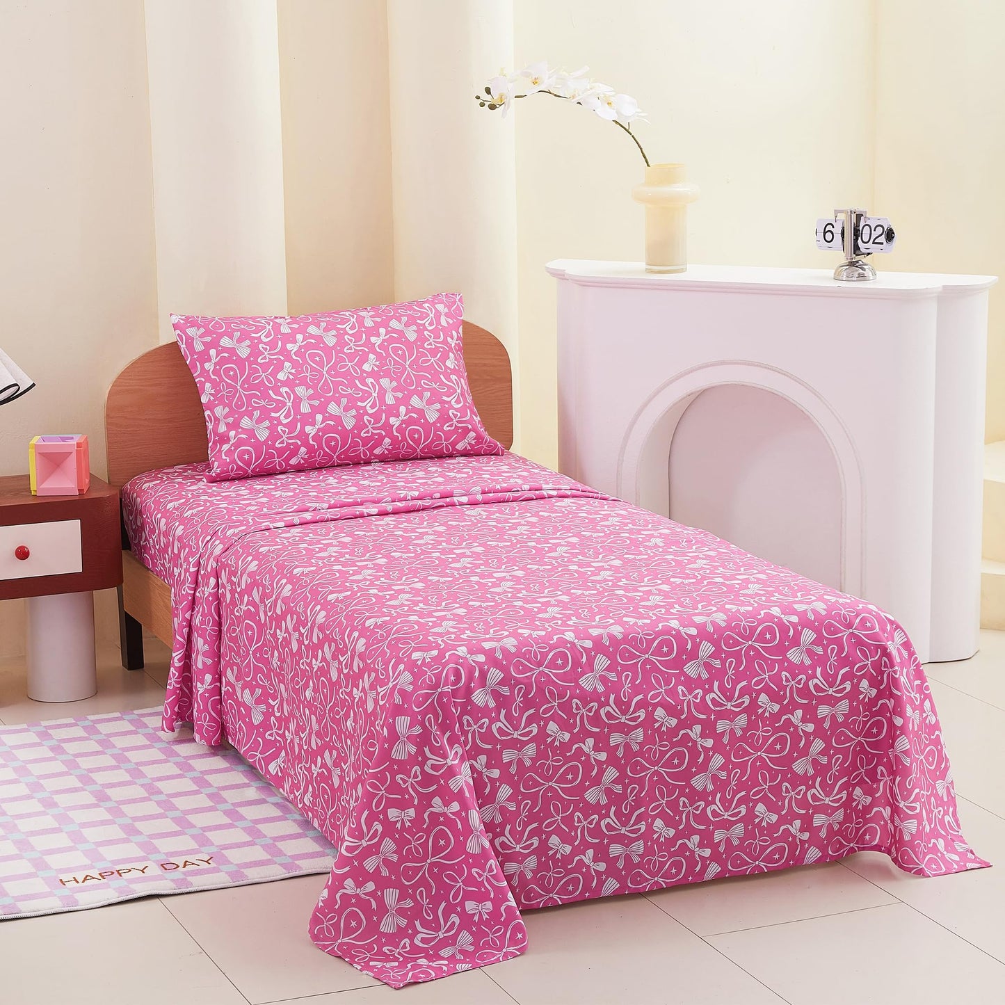 lasoftan Kids Sheet Set Twin Size, Twin Sheet Set with Pink Bow Pattern，Breathable Silky Soft Microfiber Kids Fitted Sheet