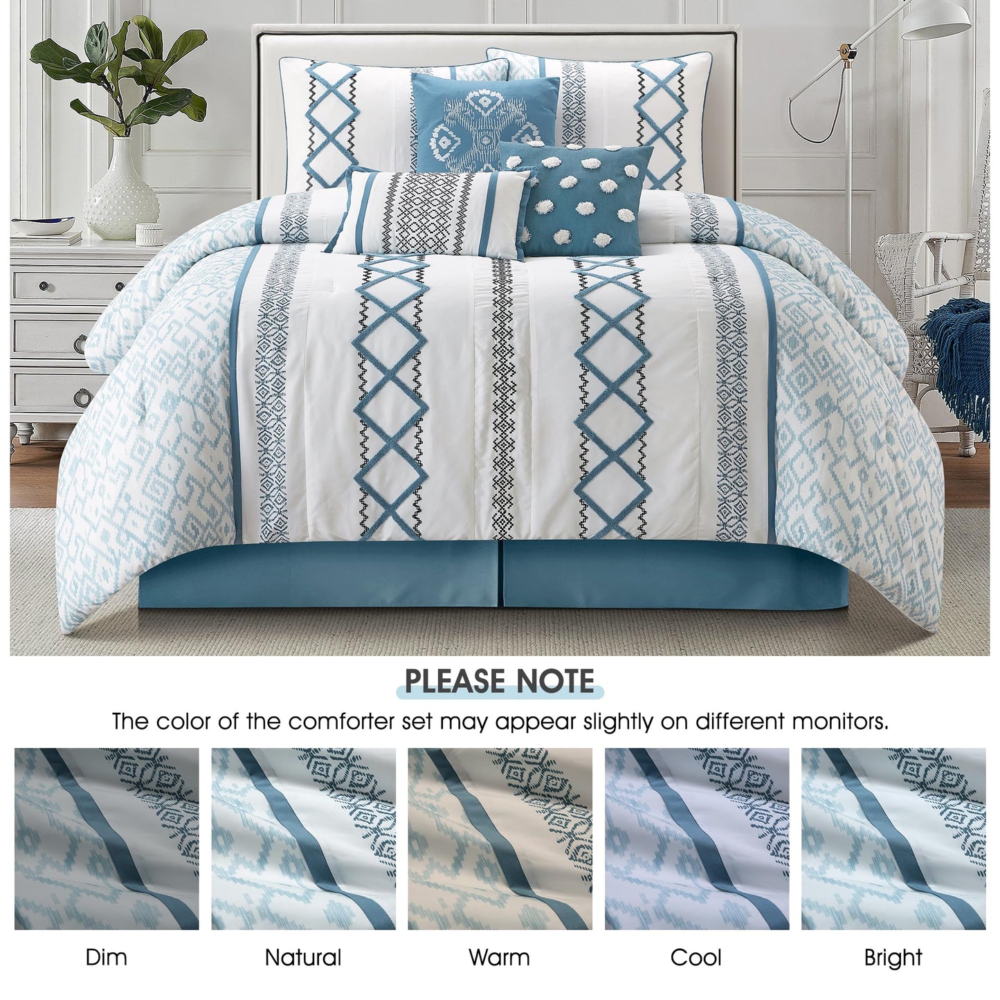 LANCO MODERN LIFESTYLE Blue Queen Comforter Set, 7 Pieces All Season Bedding Sets in a Bag with Geometric Terry Embroidered Comforter, Bed Skirt, Pillow Shams and Decorative Pillows