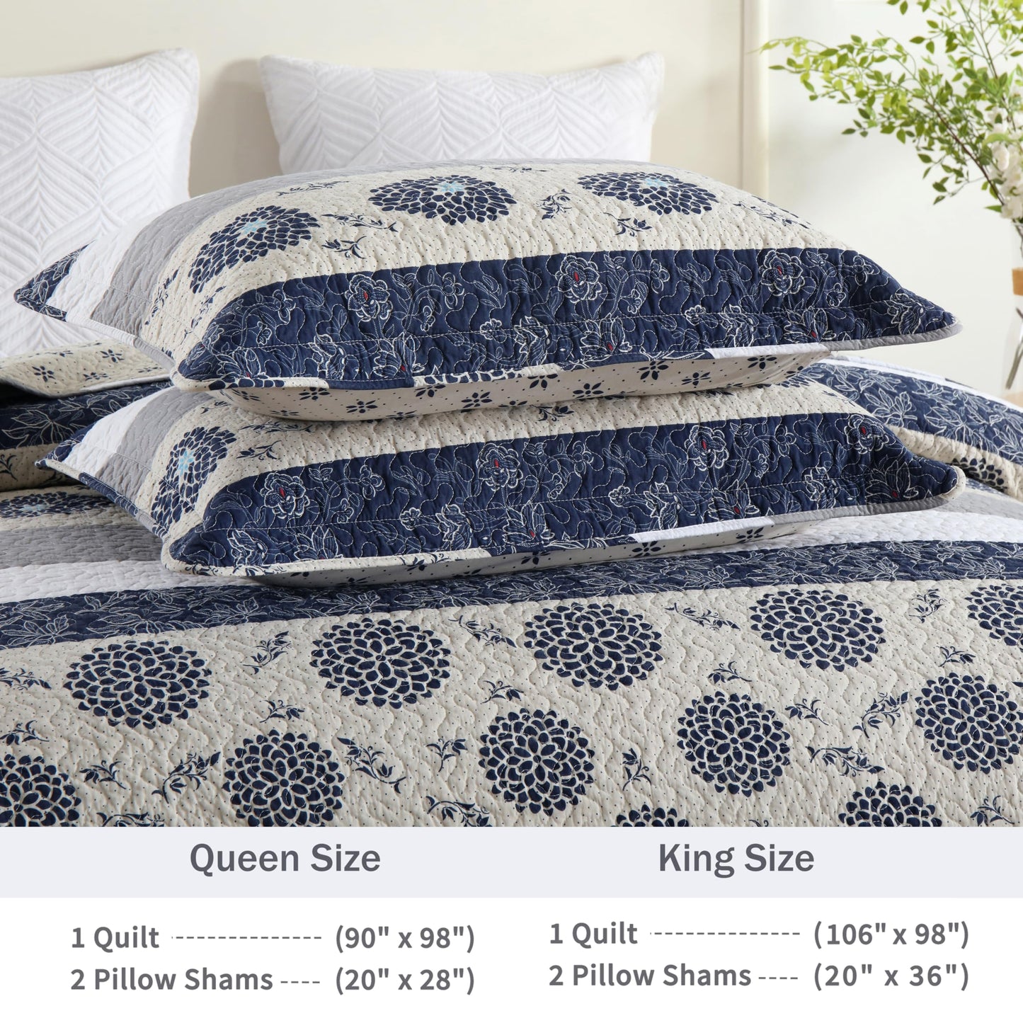 Homzard Quilt Queen Size - Queen Comforter Set,Navy Blue Beige Grey All Cotton Quilted Bedspread Set,Striped Floral Pattern Quilt,Lightweight Paisley 3 Piece Bedding,All Seasons