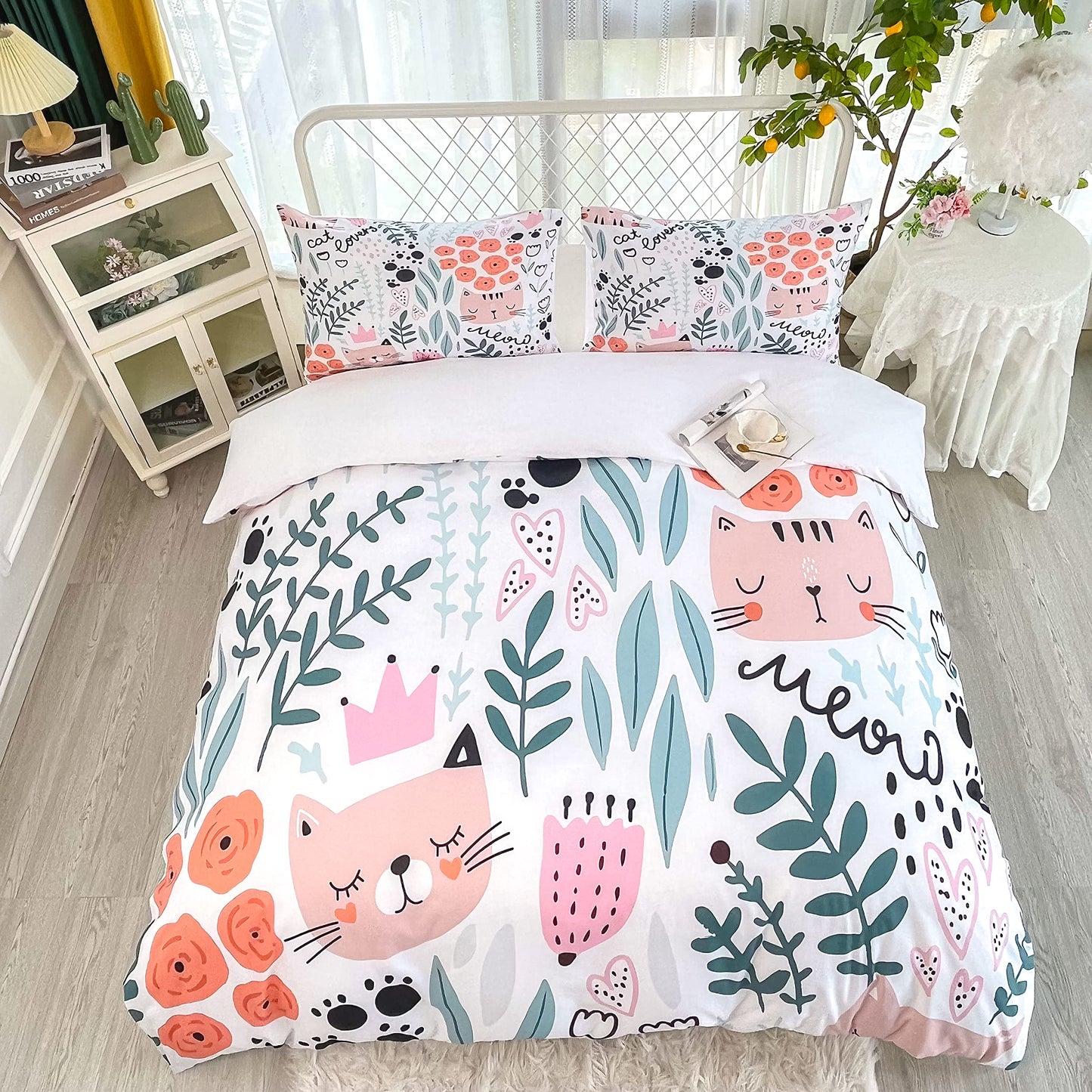 CVHOUSE Cat Duvet Cover Set,Kitten Bedding Set for Kids,Cartoon Animal Comforter Cover Set,Queen Size,1 Quilt Cover 2 Pillowcases 3 Piece