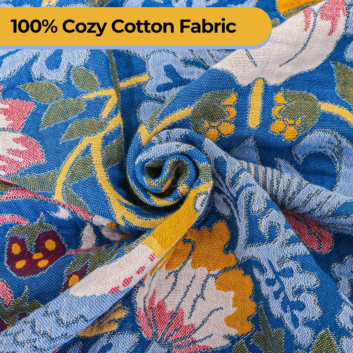 STASOPTK Boho Cotton Muslin Twin Size Bed Throws,100% Cotton Rustic 4 Layer Reversible Bid and Floral Woven Washable Breathable Decor Blanket 60"×80" for Couch Sofa All Seasons,Blue &Yellow