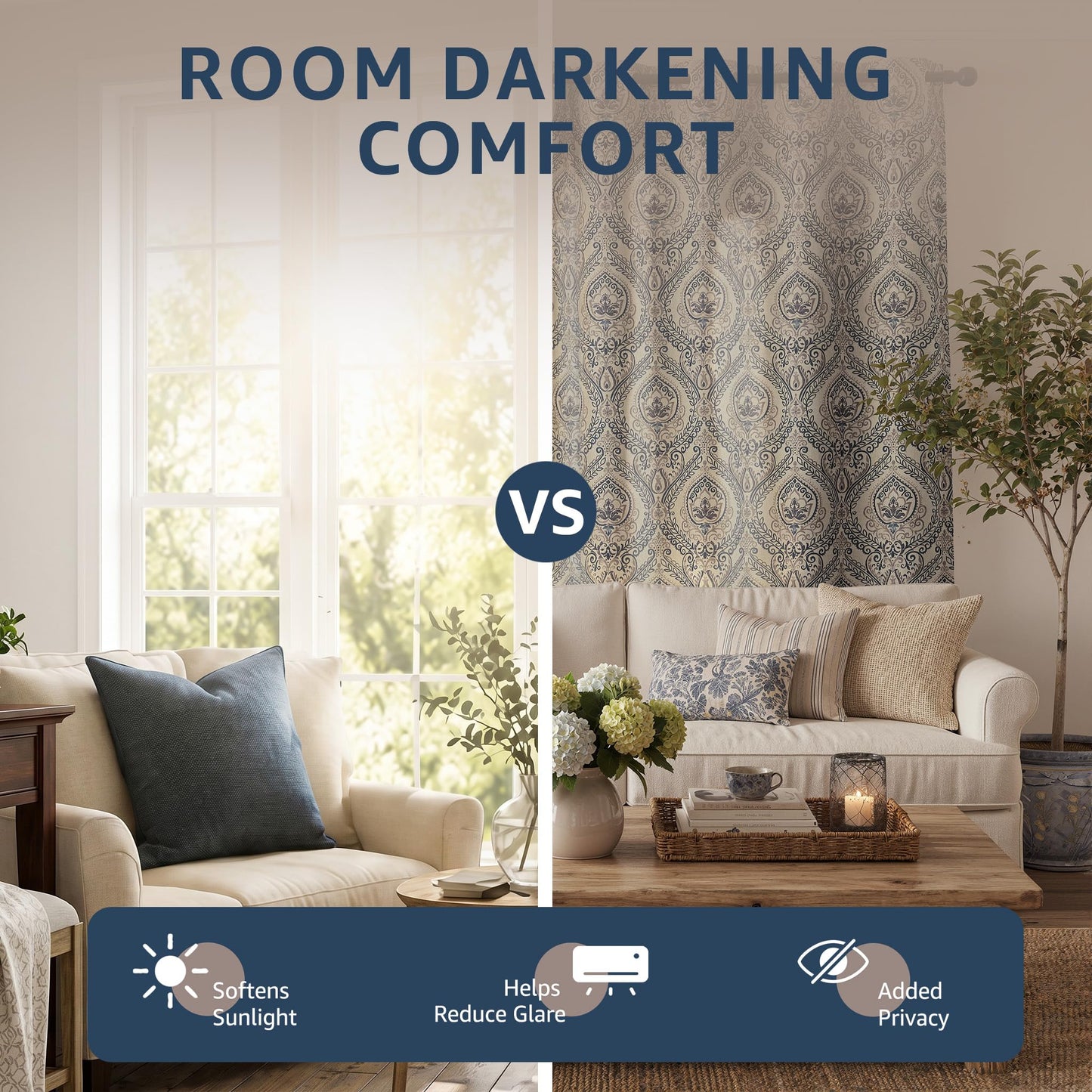 jinchan Curtains for Bedroom, Room Darkening Curtains 84 Inch Length 2 Panels Set, Linen Textured Medallion Drapes for Living Room, Vintage Damask Pattern Window Treatments, Blue on Greige