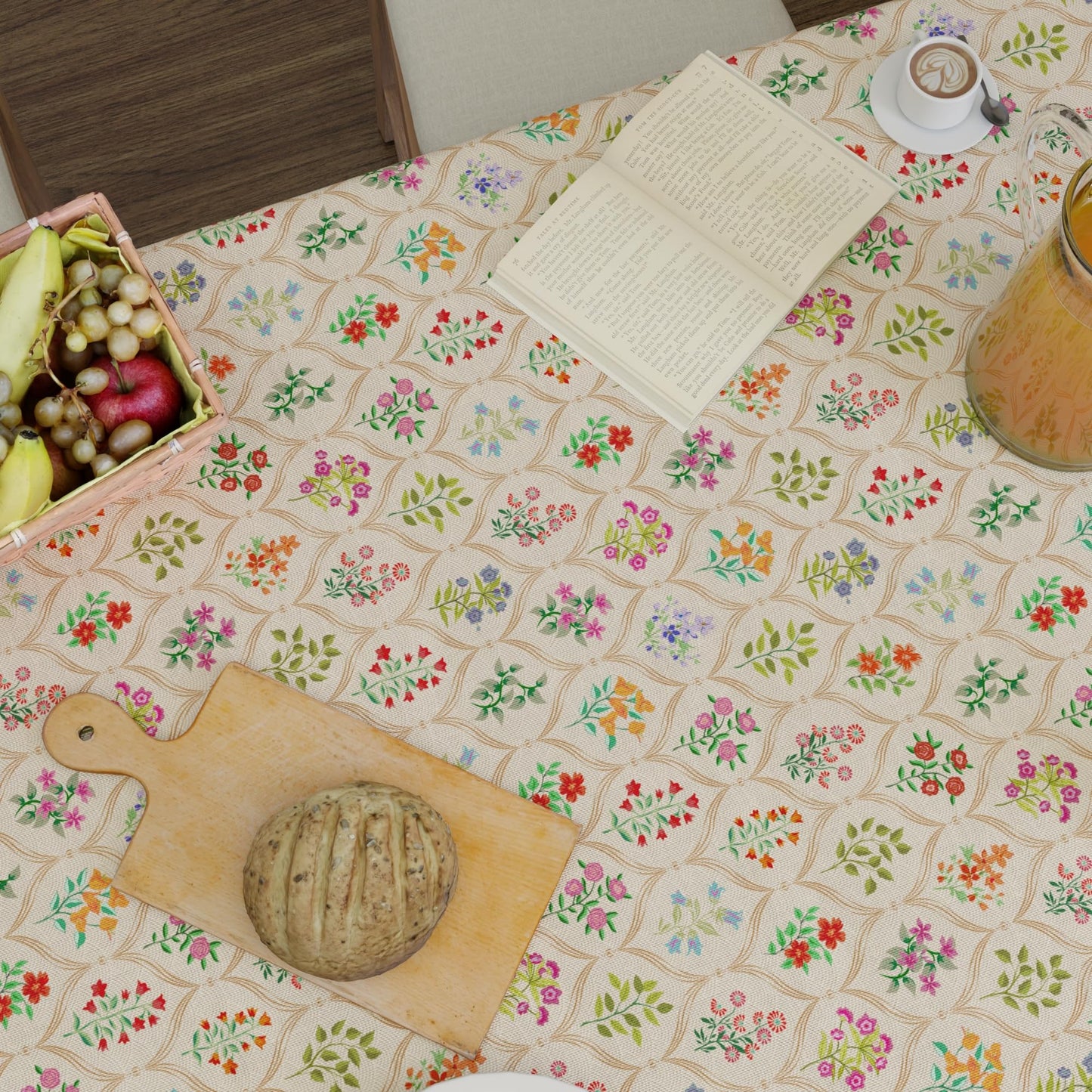 Encasa XO Floral Table Cloth 56"x56" for Square Table Water Repellent Polyester Indoor Outdoor Tablecloth Machine Washable Spring Summer Table Cover Farmhouse Style for Dining French Beige