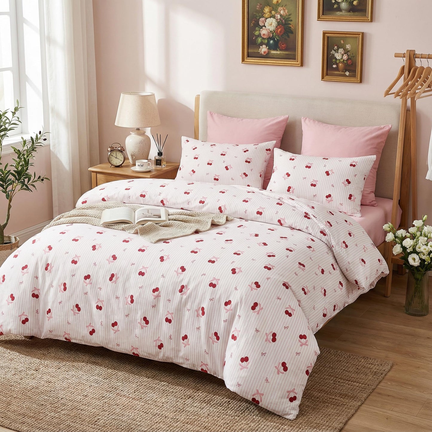Sedefen Pink Bow Duvet Cover Queen Size Cherry Red Striped Duvet Cover Set Bows Cherries Printed on White Stripe Reversible Bedding Set 3 Pcs with 2 Pillowcases Gift for Women Girls