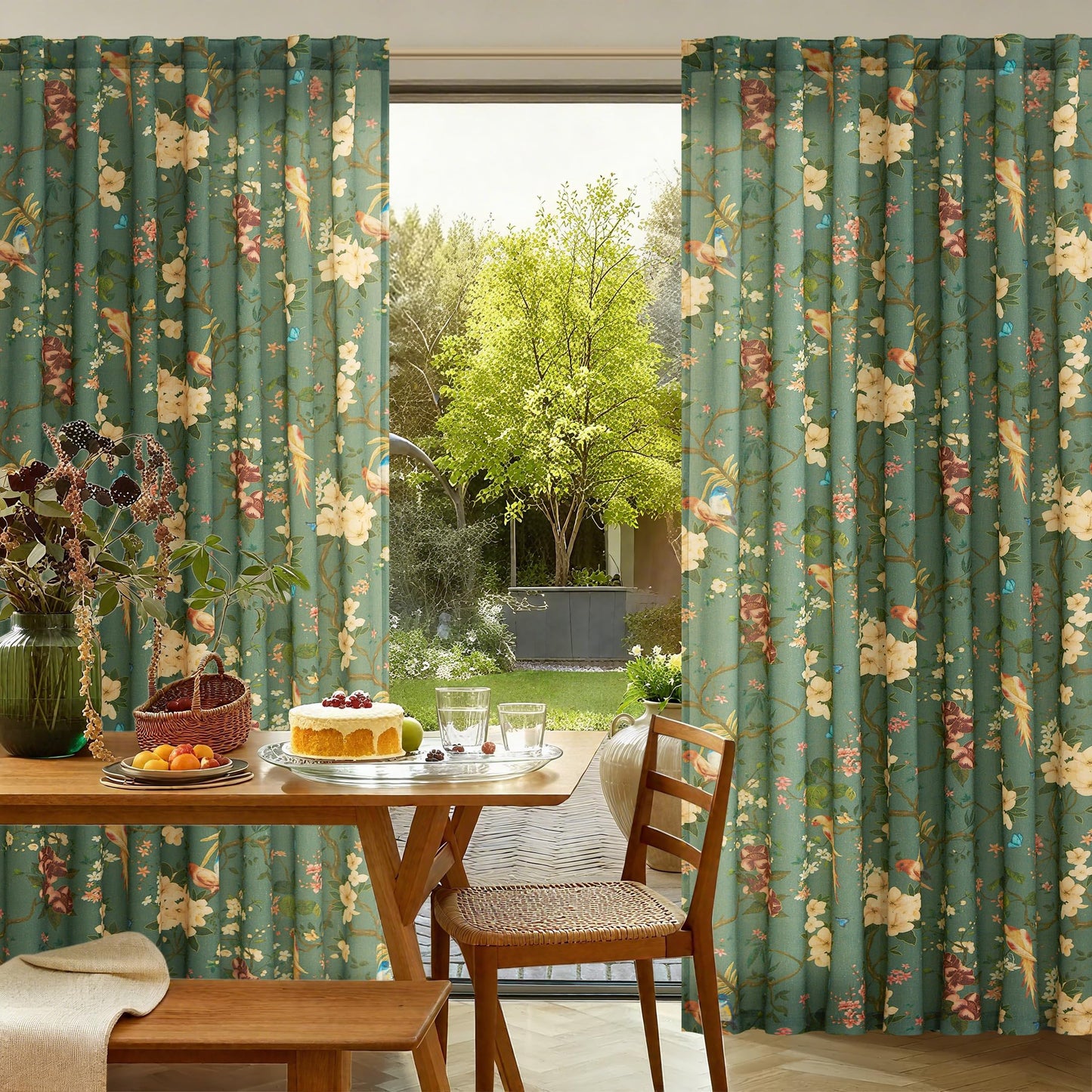 Olive Green Floral Linen Curtains for Living Room 84 Inches Long 2 Panels