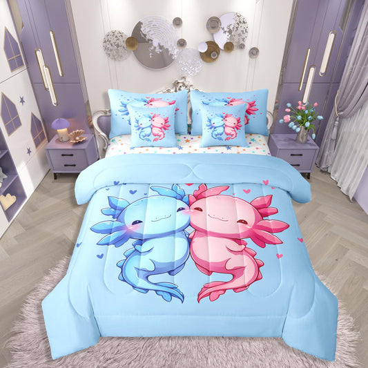 Cartoon Axolotls Queen Comforter Set Pink Blue Cute Axolotls Bed in a Bag with Flat and Fitted Sheet for Girls Boys Kids Coastal Ocean Animal 7-Piece Bedding Set Cartoon Love Heart Quilt Duvet Sets