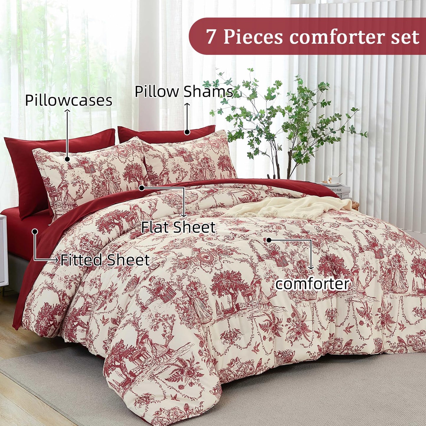 Red Comforter Set Queen 7 Piece Bed in a Bag Toile de Jouy Botanical Comforter with Sheet Set Soft Micorfiber Bedding Set (1 Comforter,2 Pillow Shams,1 Flat Sheet,1 Fitted Sheet,2 Pillowcases)