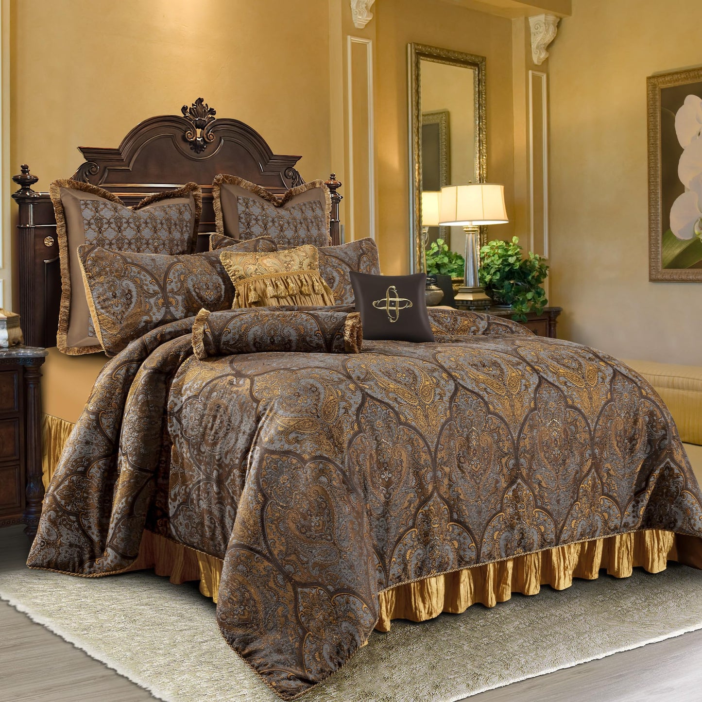 Loom and Mill 9-Piece Jacquard Comforter Set, Luxury Classic Antique Comforter Queen Sets, Ultra Soft Damask Bedding with Euro Shams, Bedskirt, Filled Decorative Pillow for Home (Bronze Gold, Queen)