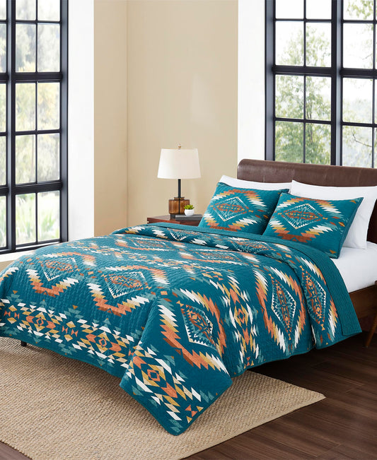Pendleton Full/Queen Quilt Set – 100% Cotton 3 Piece Quilt Set with Shams, Soft Lightweight Bedding for Queen Size Bed, Teal Blue Multi Patterned Comforter Alternative, Queen Bedding Set (Summerland)