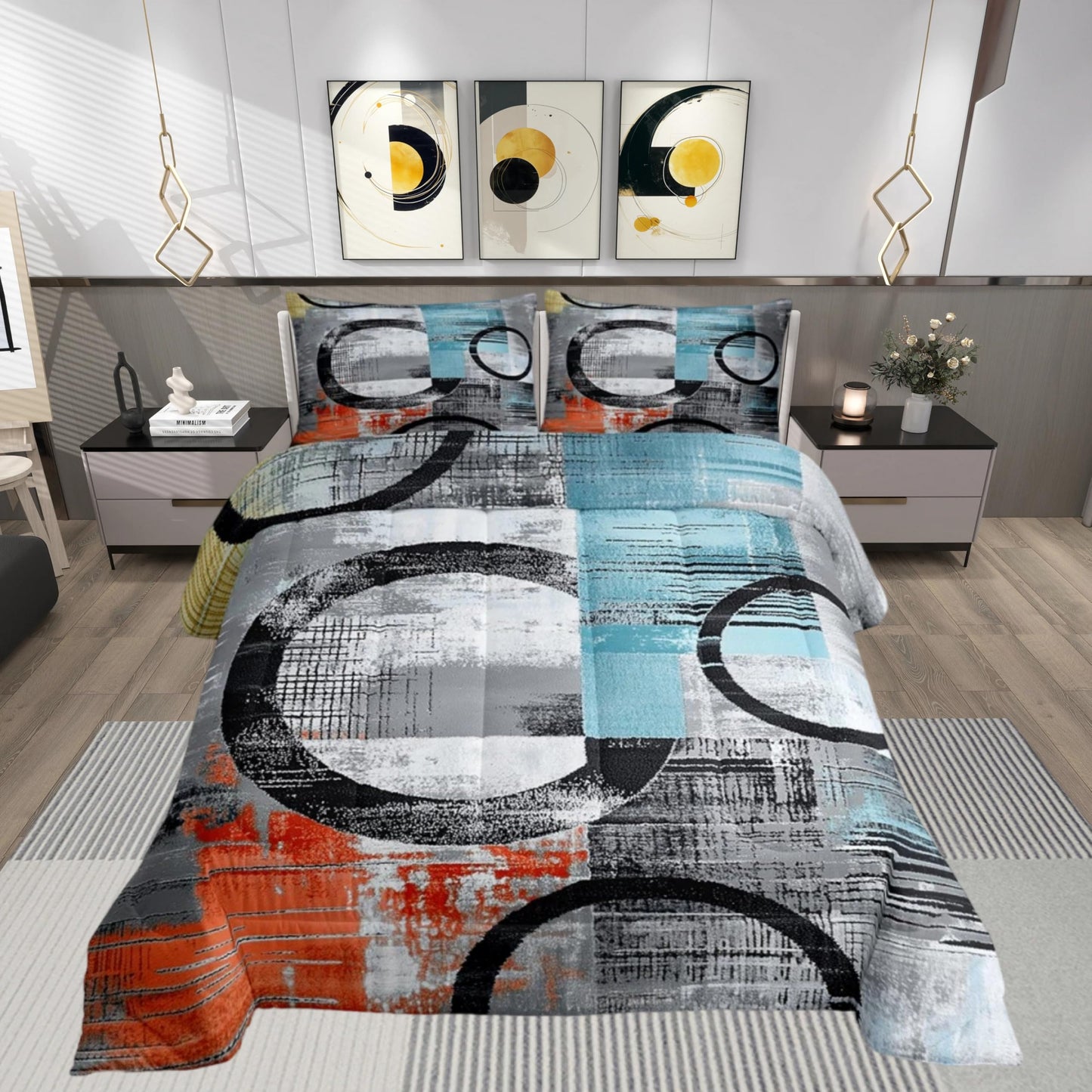 Feelyou Abstract Bedding Set Soft Modern Abstract Art Comforter Set Full Size Geometric Duvet Quilt Luxury Bedroom Decor Orange Blue 3 Pcs with 2 Pillow Cases