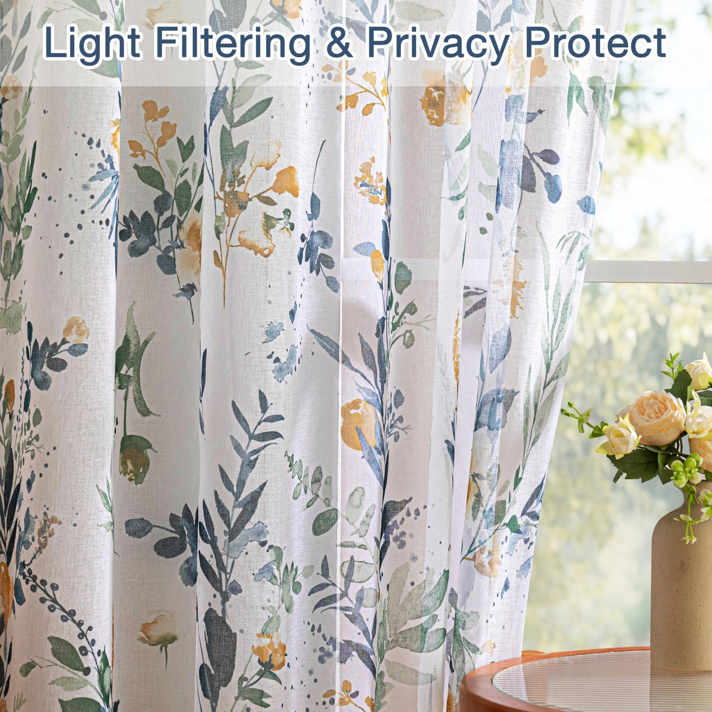 MYSKY HOME Sheer Floral Curtains 84 inches Long 2 Panels Set for Living Room Leaf Printed Summer Curtains for Bedroom Rod Pocket Window Drapes, Yellow and Blue, 52 x 84 inch